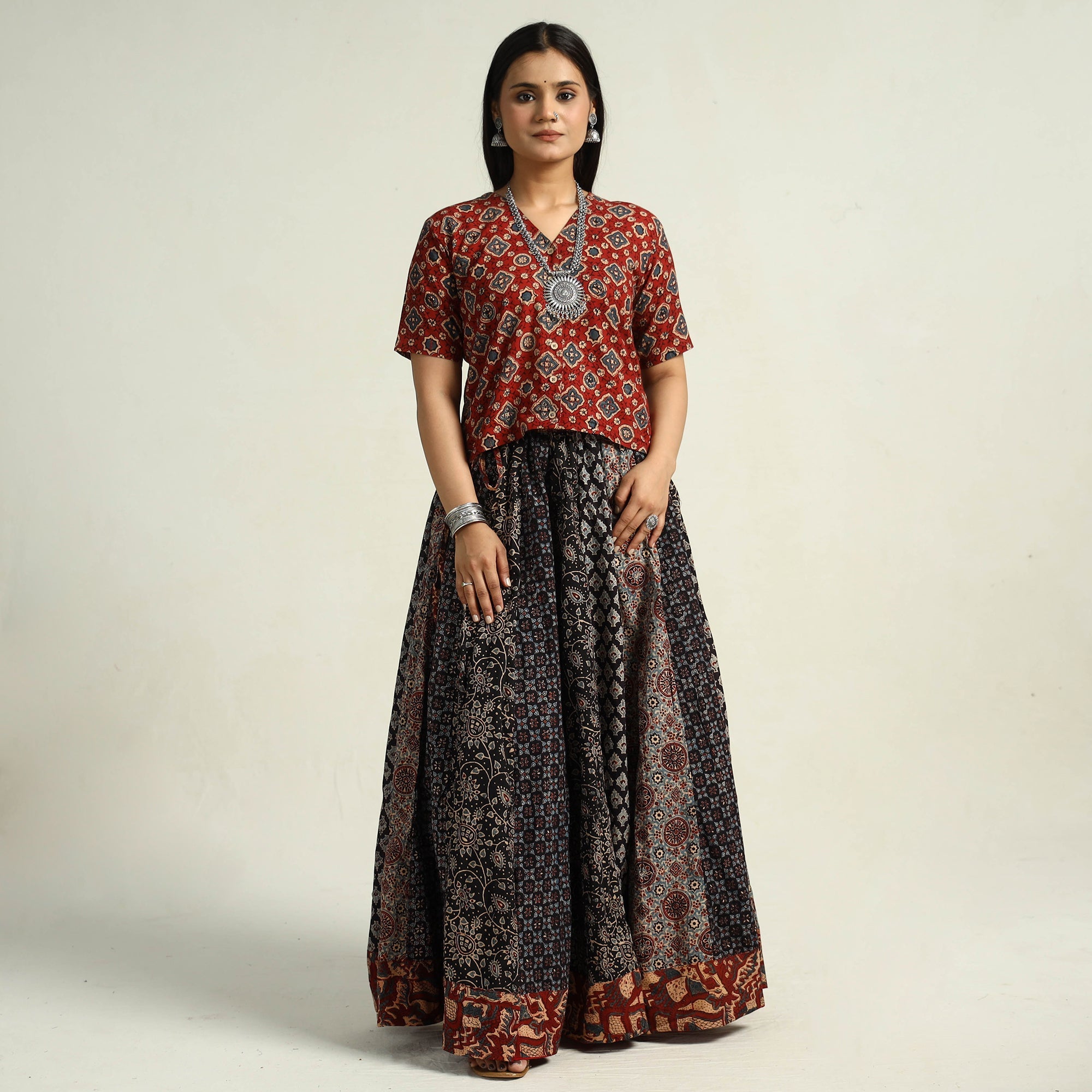NOORI BAZAR Black - Kutch Block Printed 24 Kali Cotton Long Skirt 36