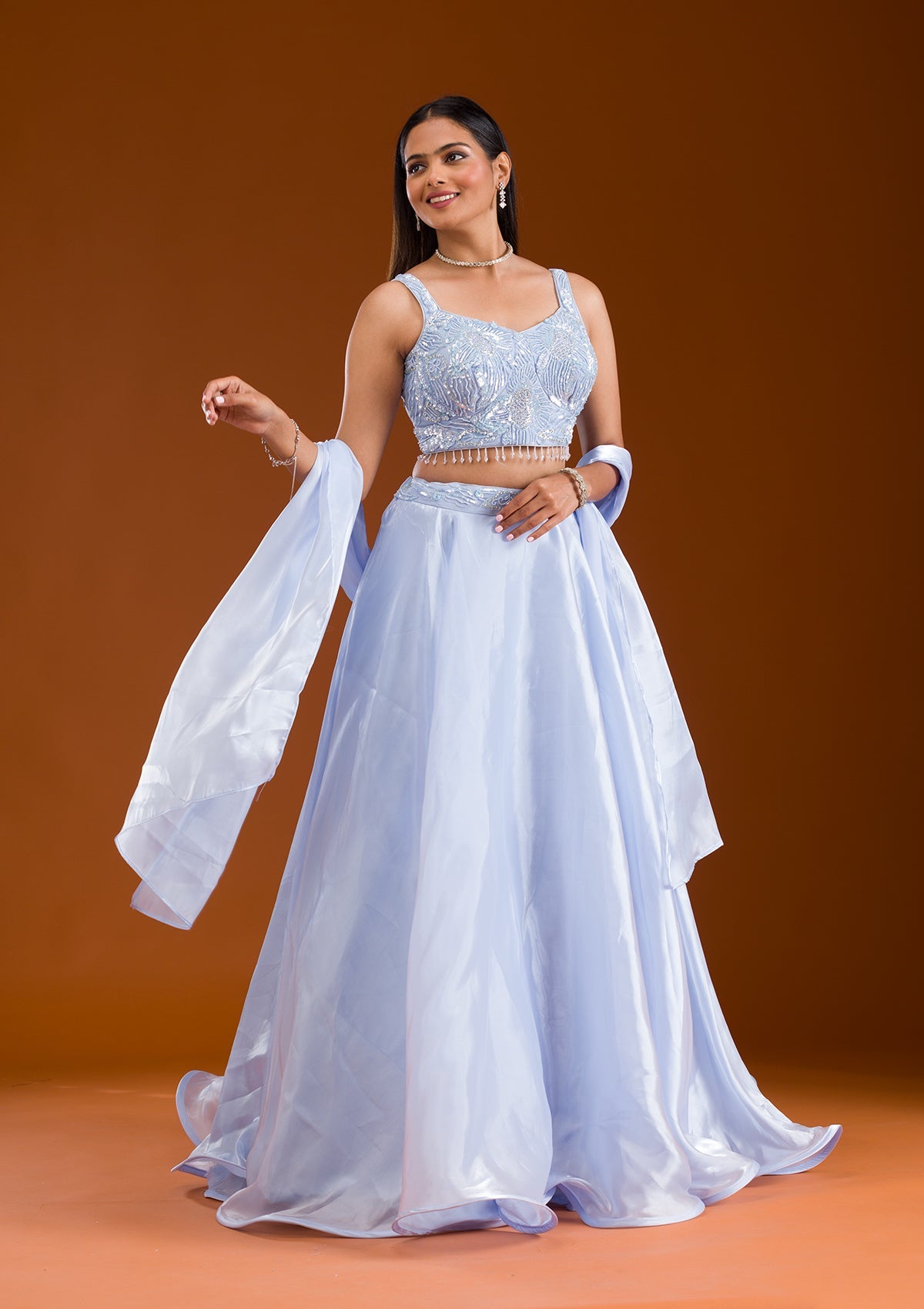 Koskii Sky Blue Cutdana Satin Readymade Lehenga - view 5