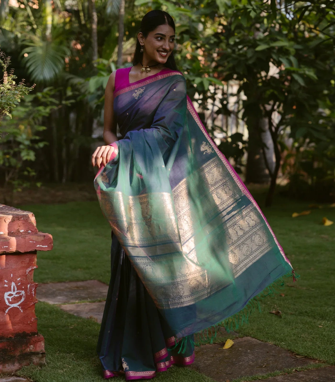 RmKV Teal Handloom Kanchi Cotton Saree With Yazhi Buttas