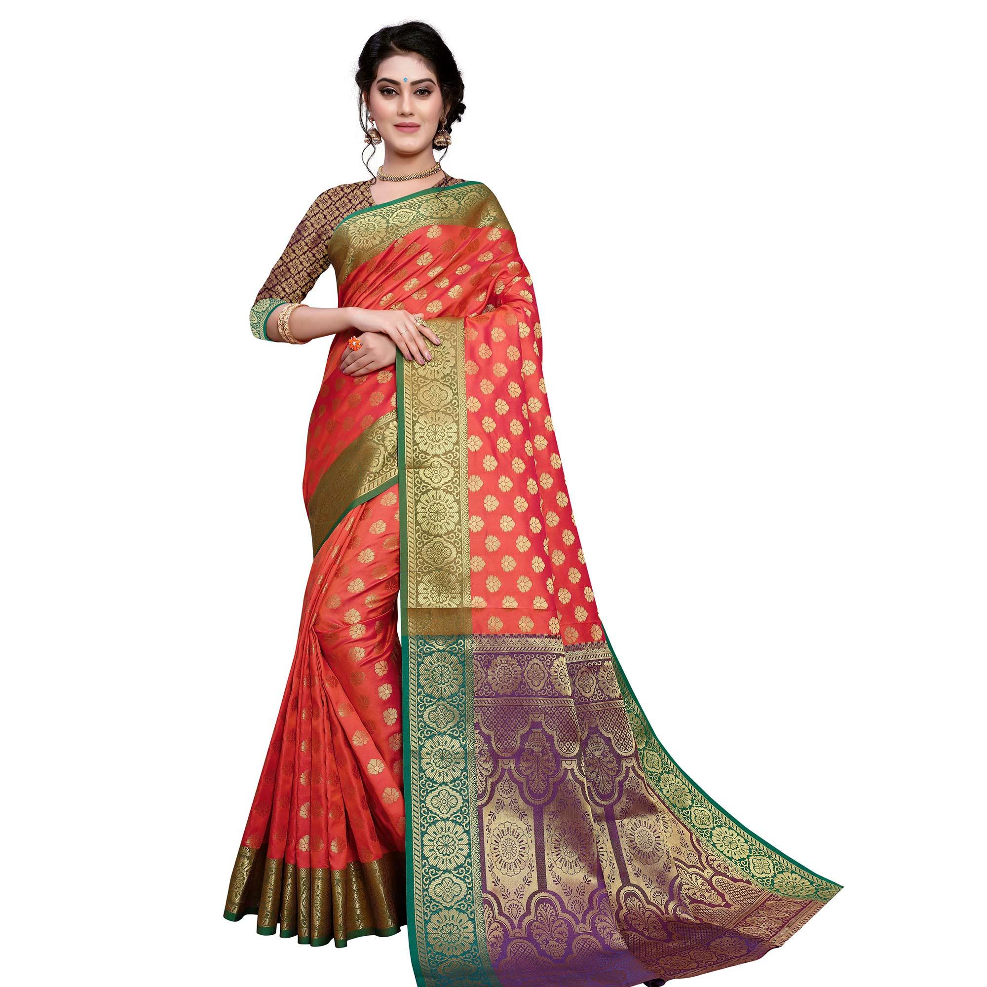 Peachmode Desirable Coral Red Colored Festive Wear Woven Art Silk Saree