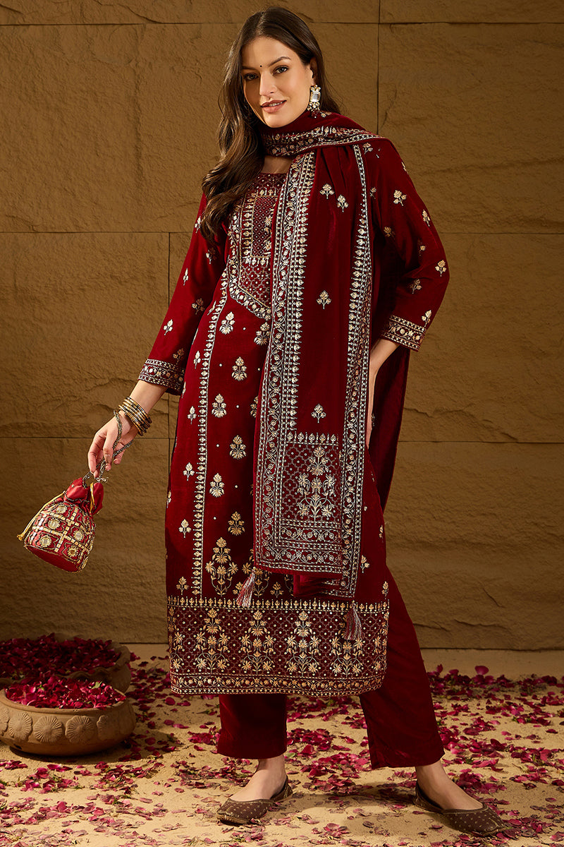 Ahika Maroon Velvet Ethnic Motifs Printed Straight Trousers Suit Set PKSKD2881 - view 7
