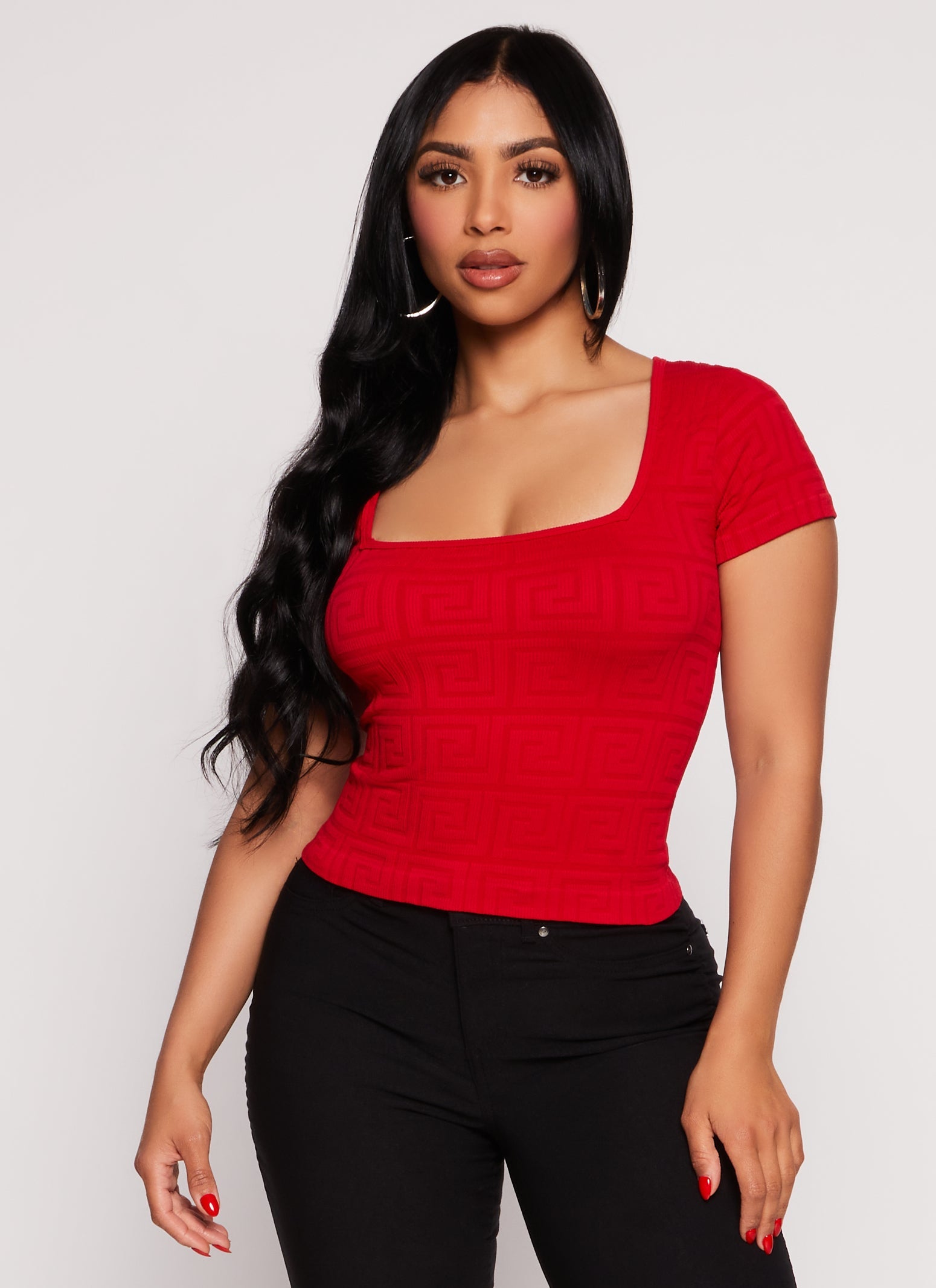 Rainbow Shops Seamless Ribbed Greek Key Short Sleeve Top