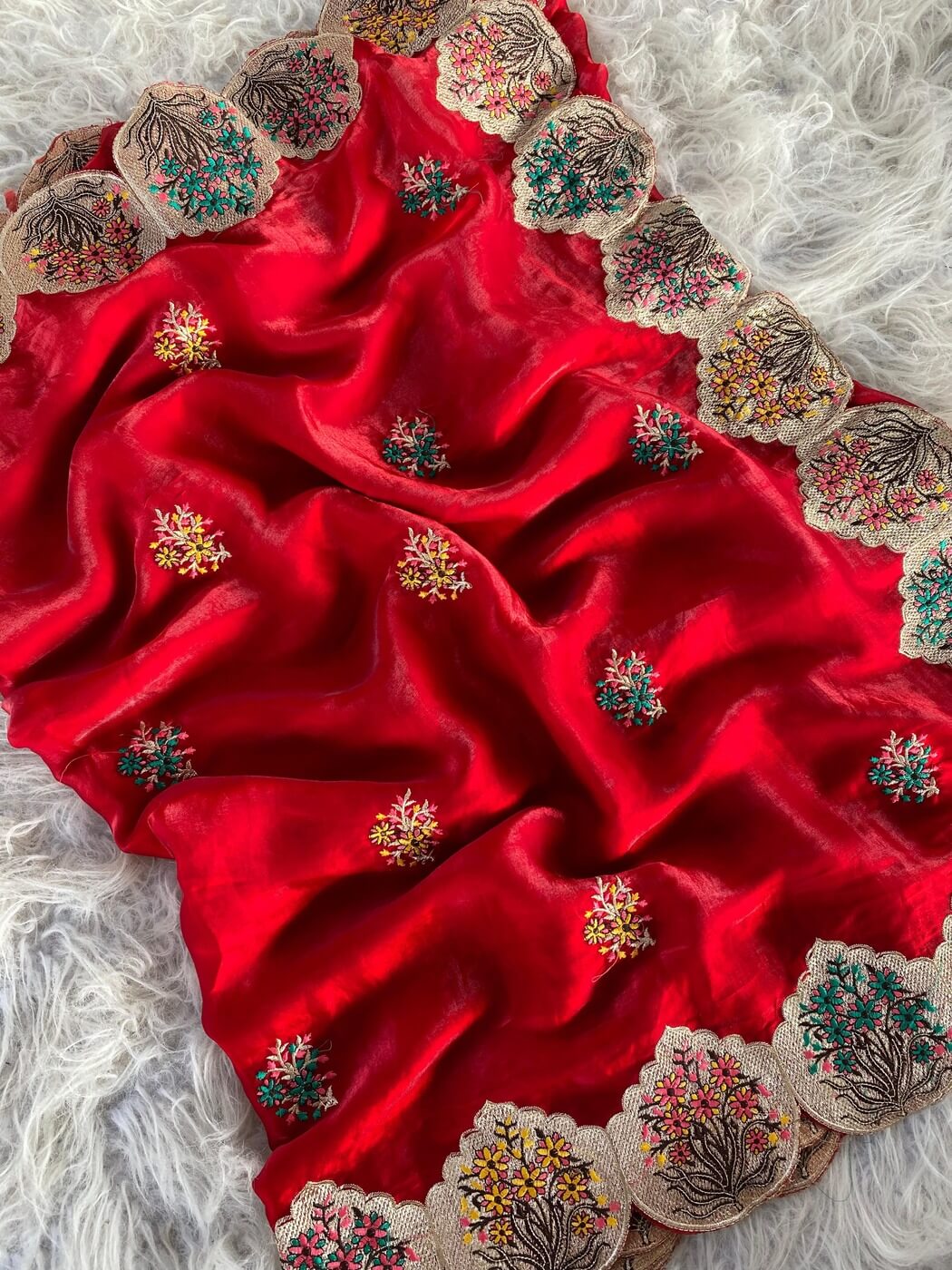 Tasrika Epiphany Red Embroidery Work Fendy Silk Saree With Magnetic Blouse Piece