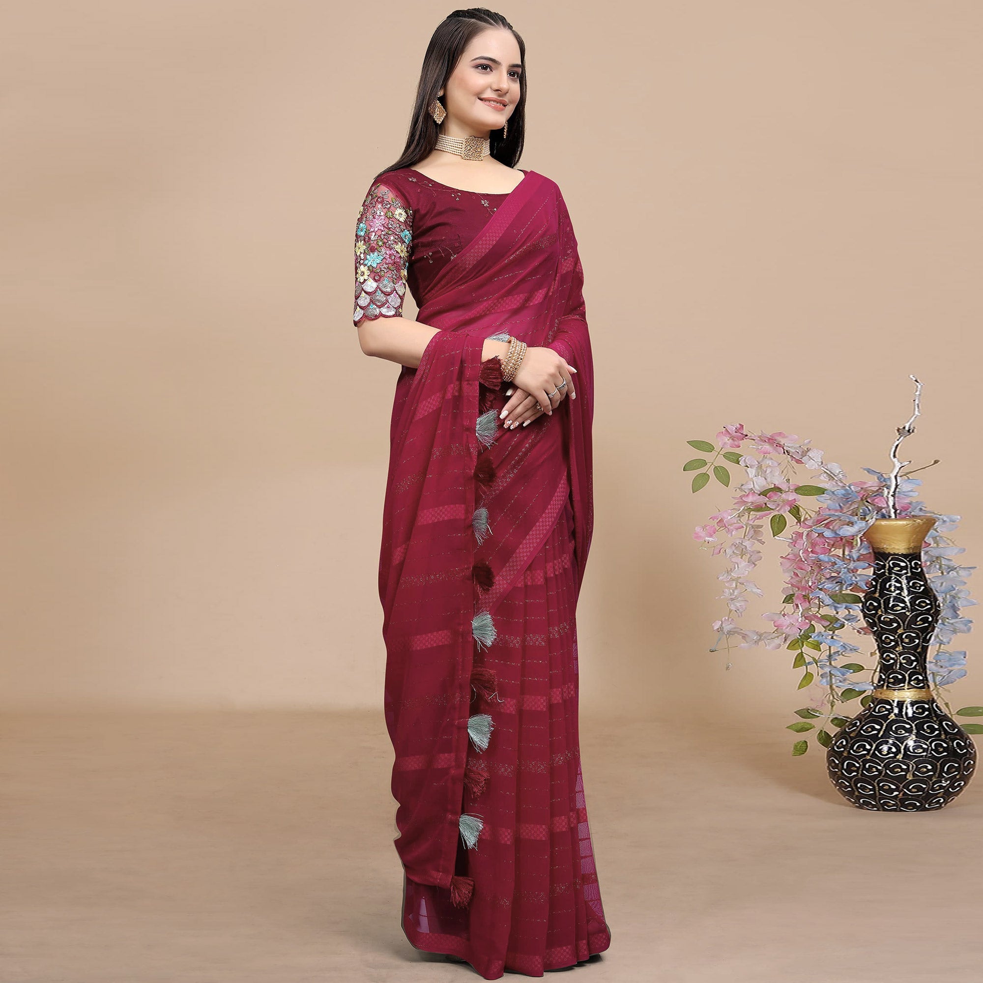 Peachmode Maroon Woven Georgette Saree With Tassels - view 3