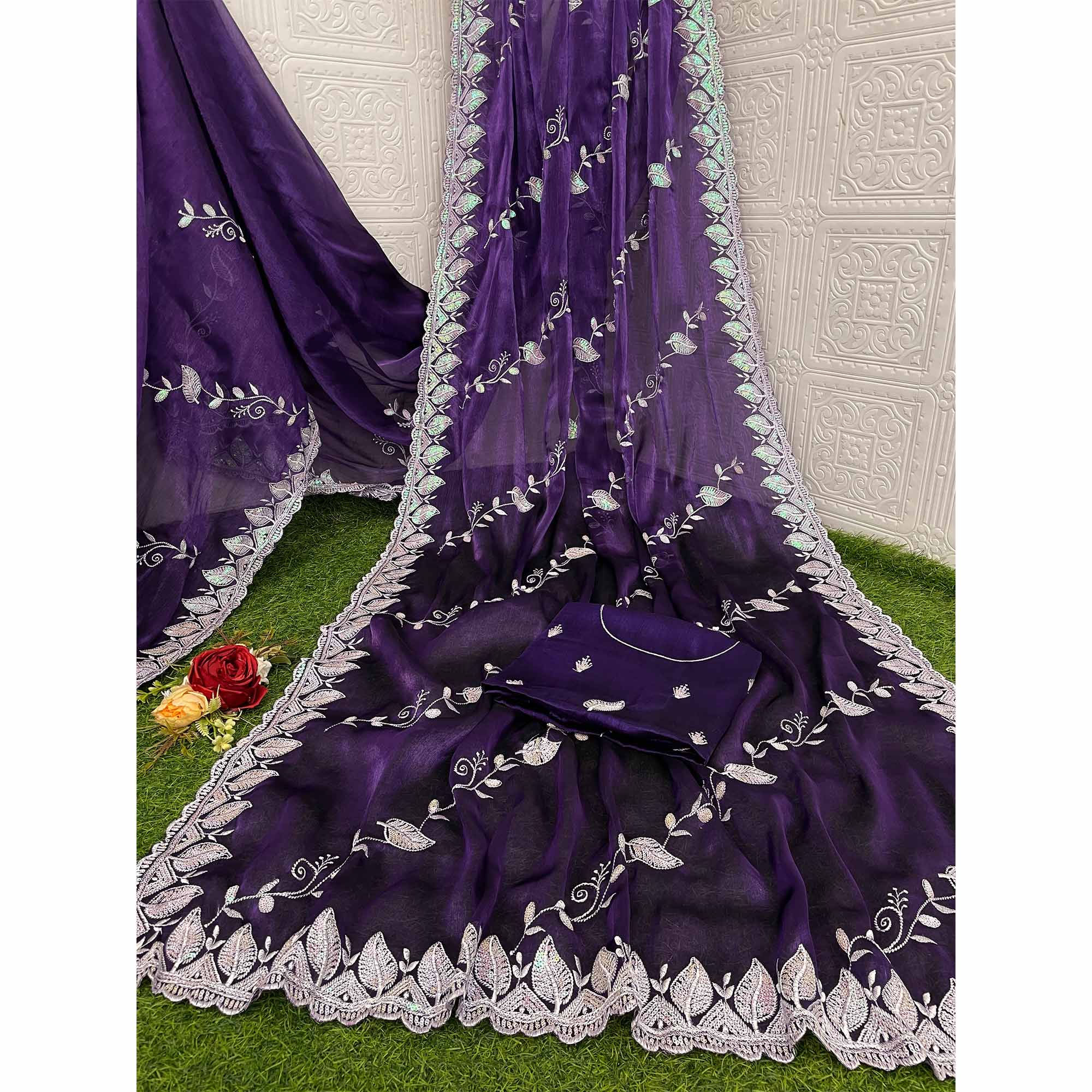 Peachmode Purple Sequins Embroidered Chiffon Saree - view 4