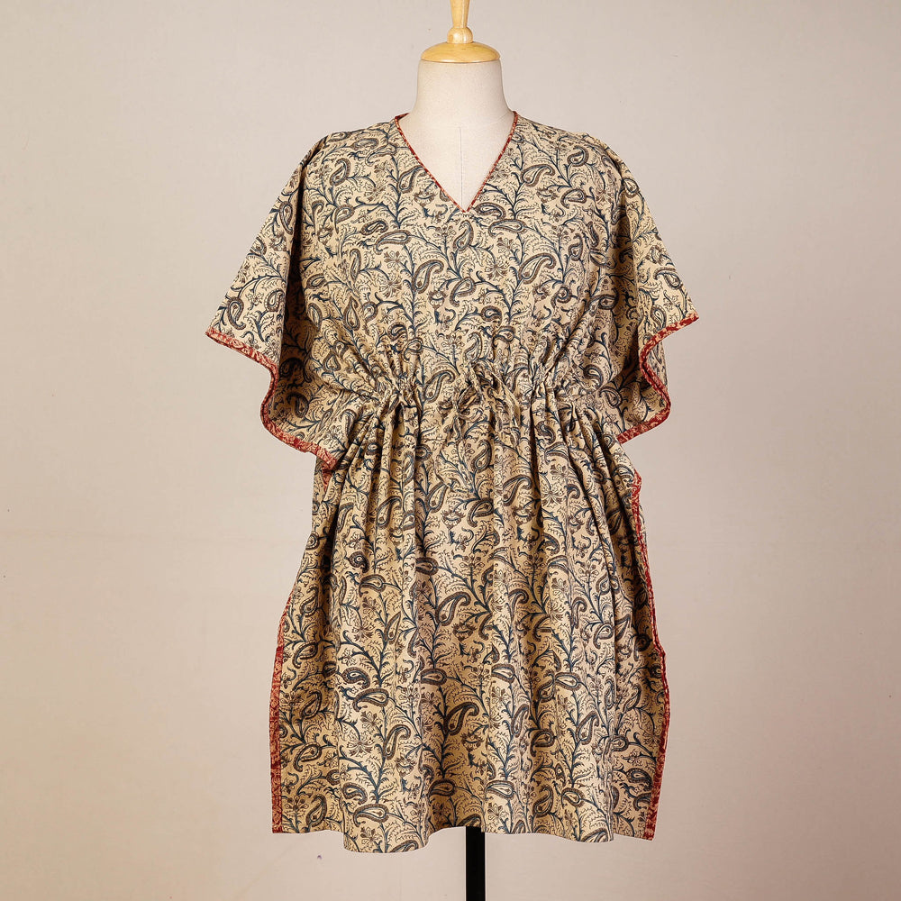CHUTNEY CRAFT STUDIO Beige - Block Print Cotton Kalamkari Kaftan with Tie-Up Waist (Medium)