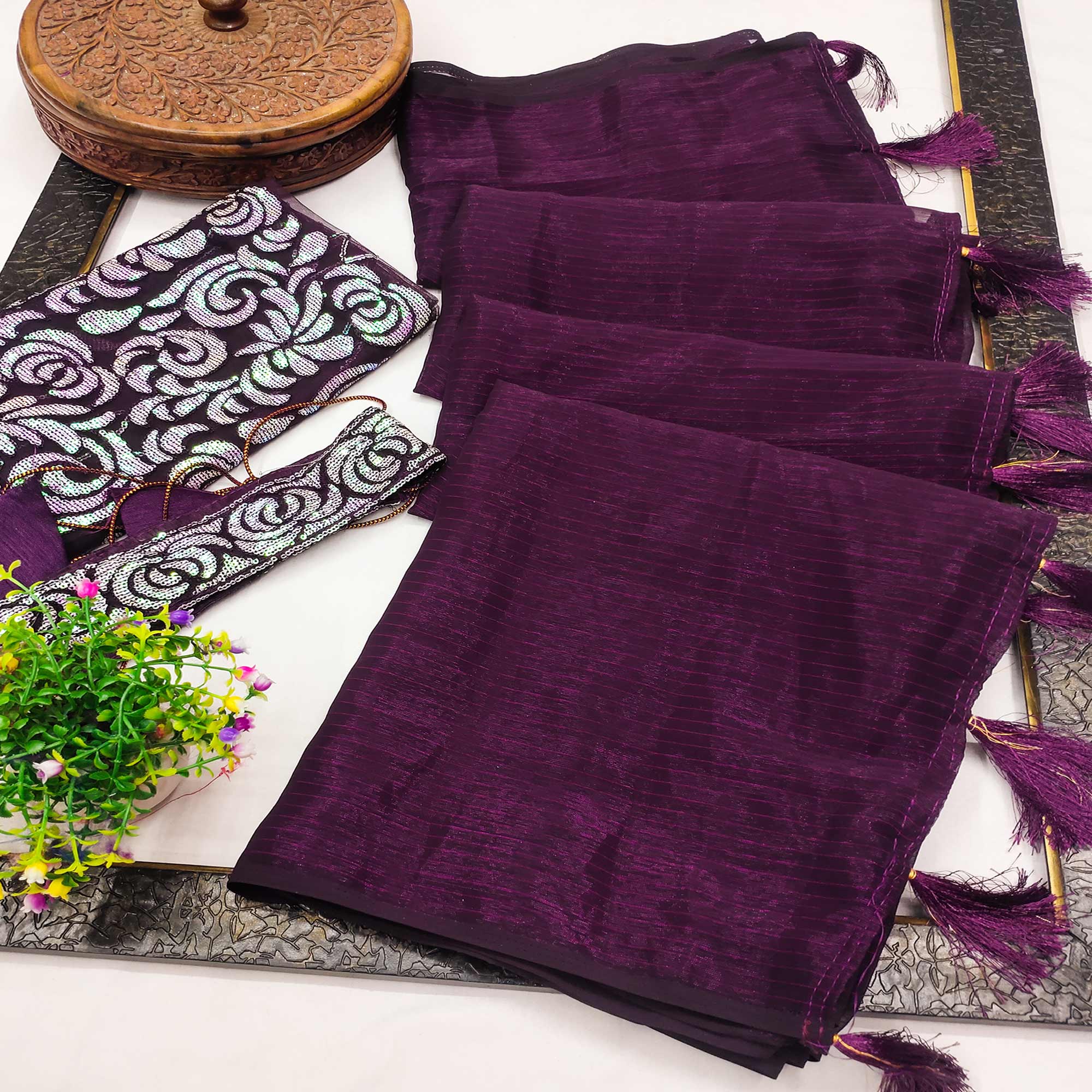 Peachmode Dark Purple Striped Woven Art Silk Saree With Tassels