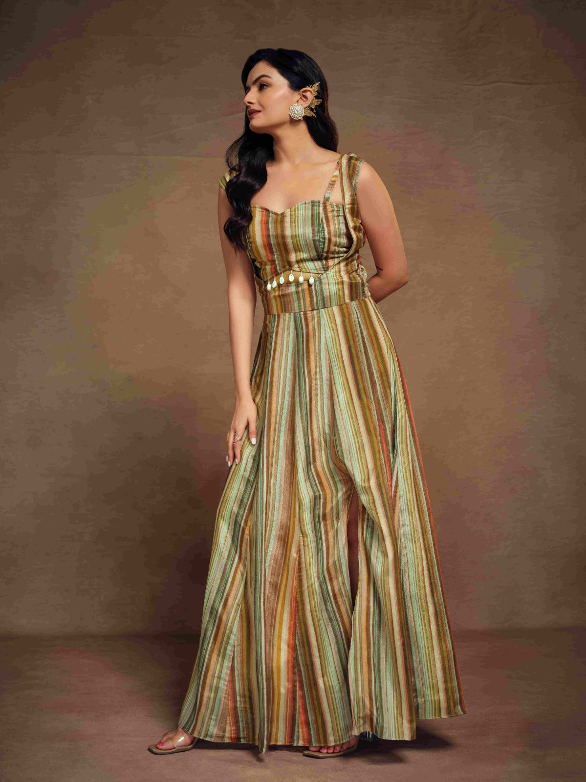 ClothsVilla Multicolor Chinon Printed Co-Ord Set with Artificial Tassels Blouse and Dungarees
