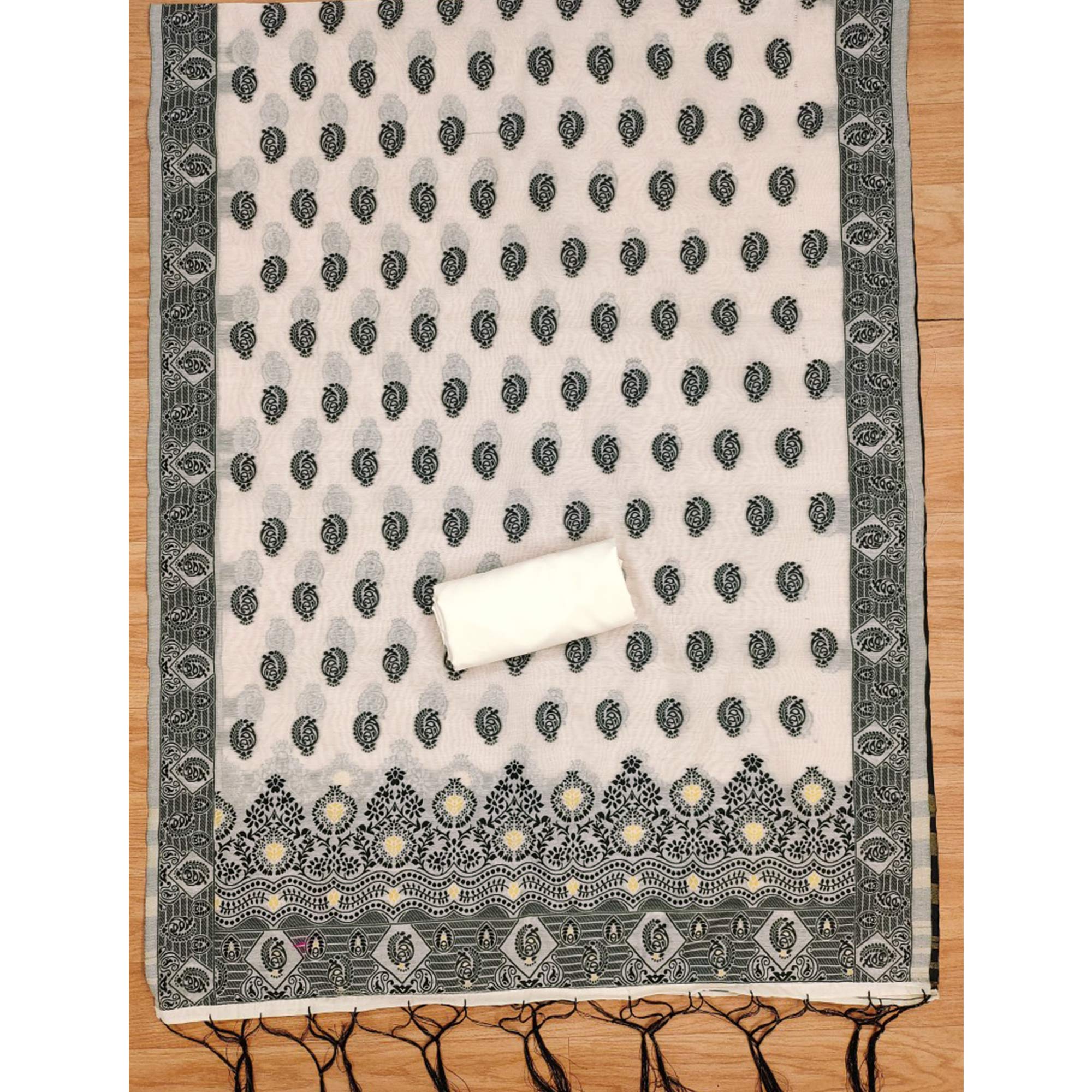 Peachmode Offwhite & Black Floral Woven Chanderi Dress Material - view 5