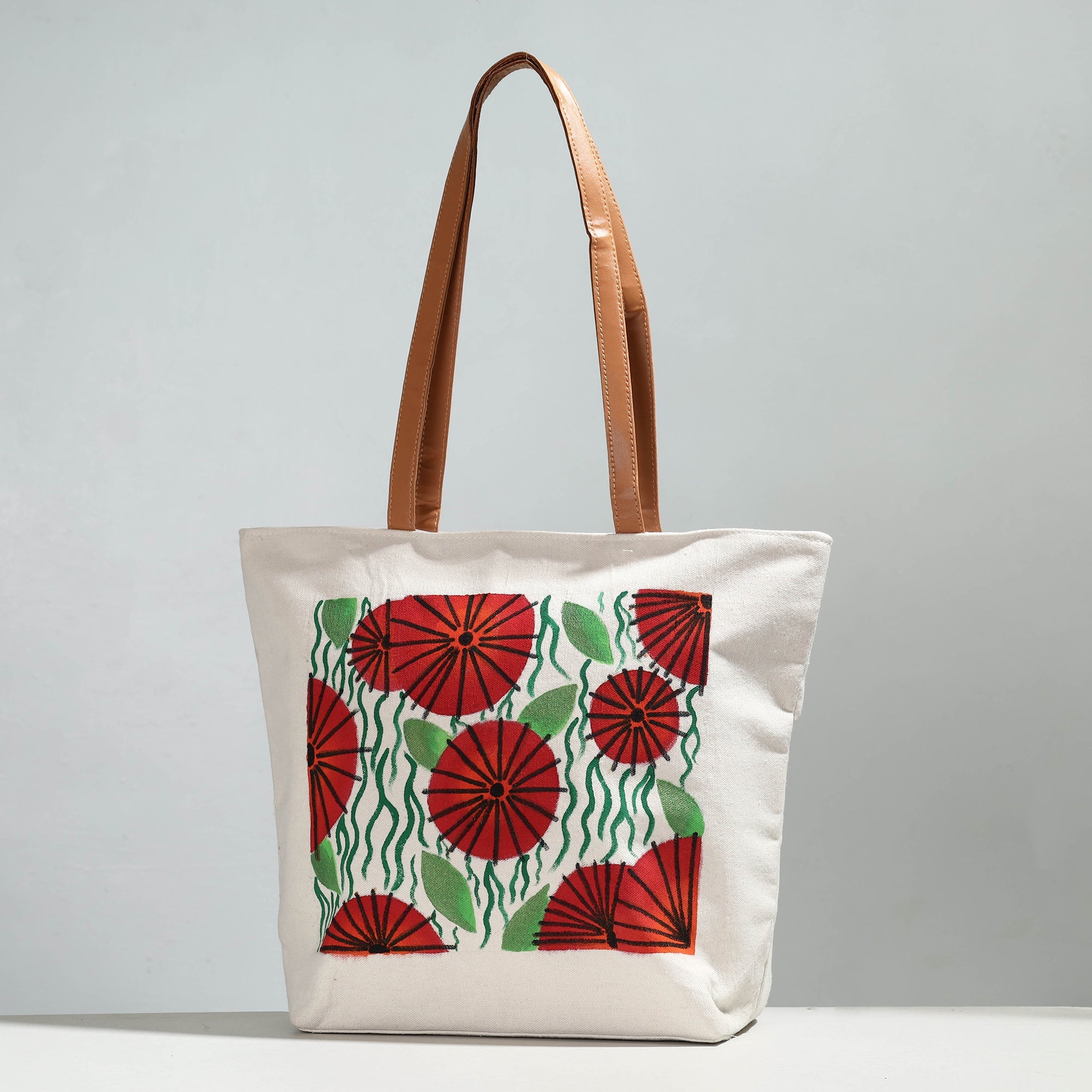 KHUSHBASH - HAPPY LOOM OF EAST Beige - Red Flower & Green Foliage - Handpainted Canvas Cotton Shoulder Bag