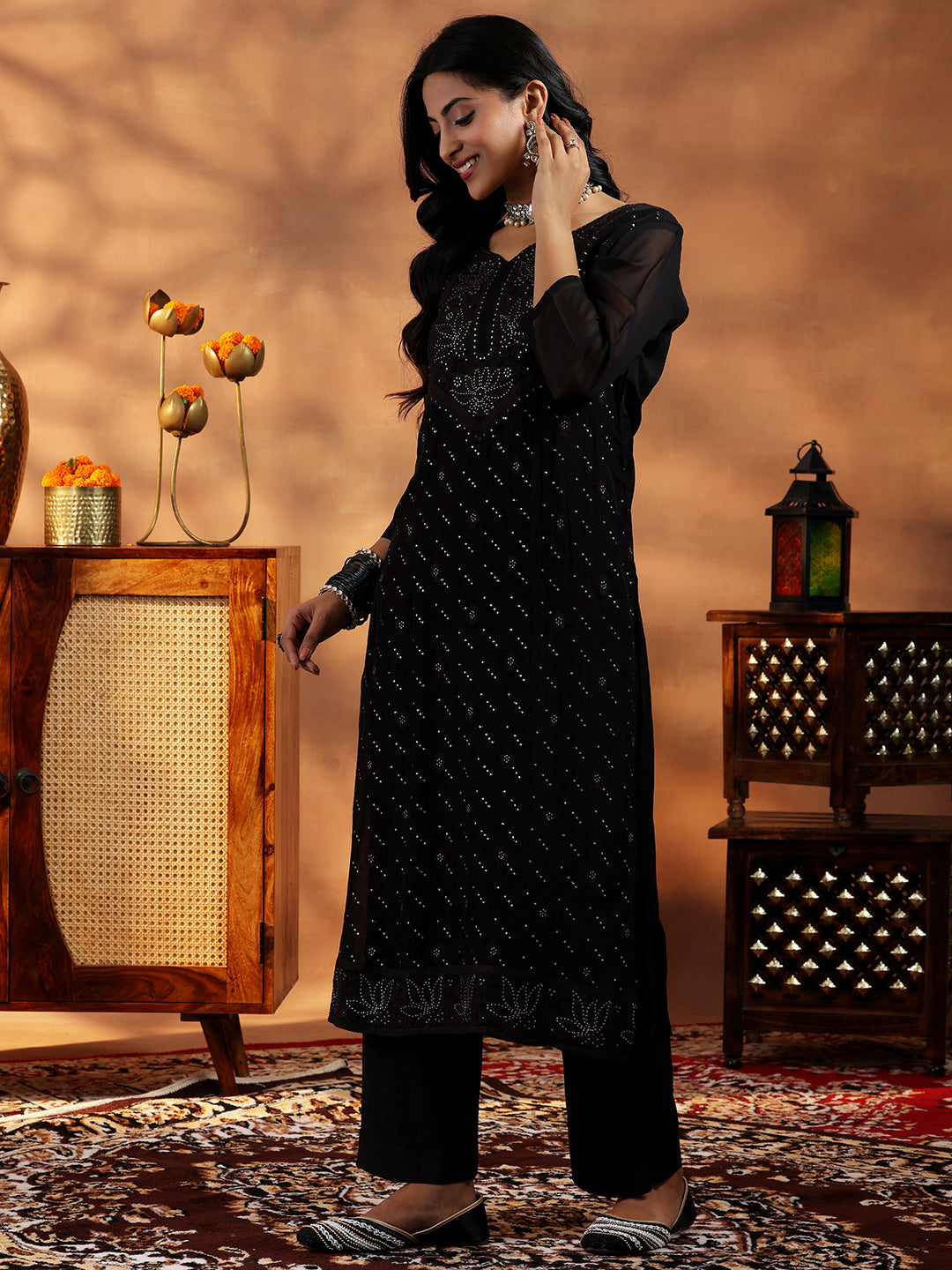Libas Black Embroidered Organza Straight Suit With Dupatta - view 2