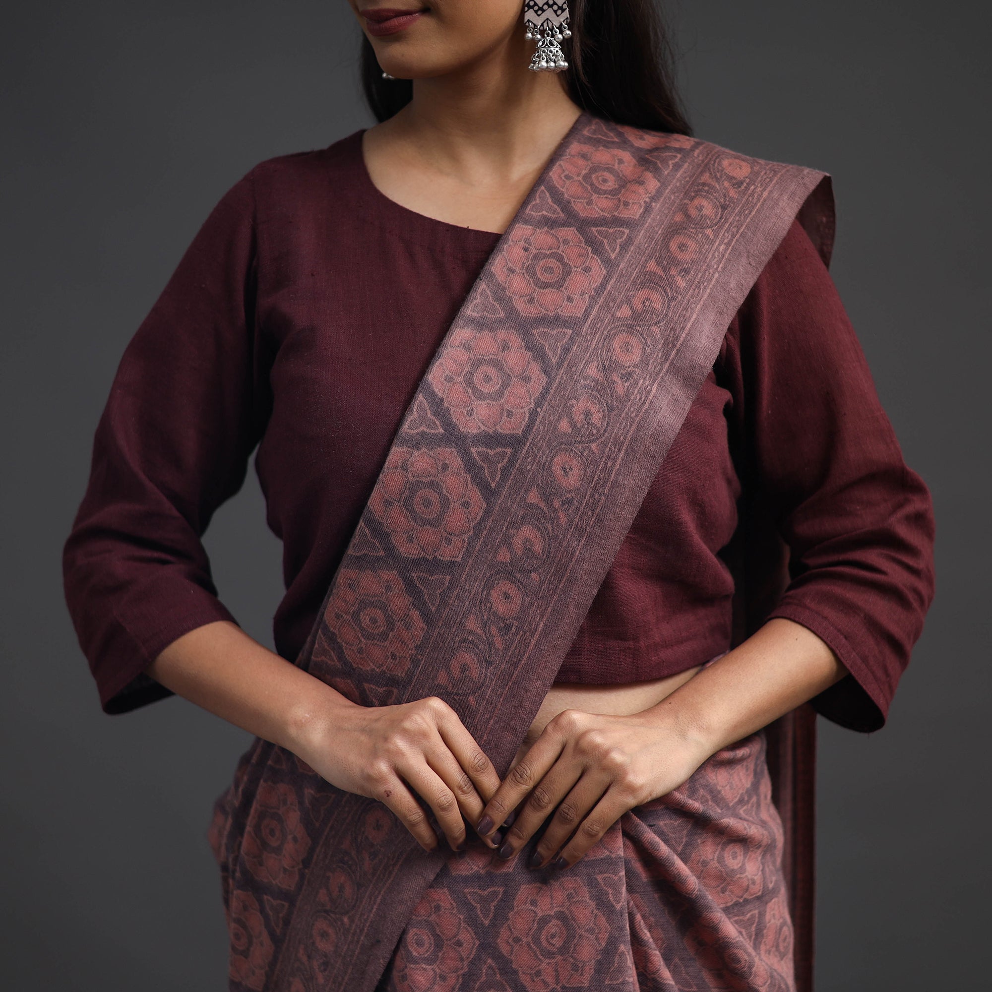 AJRAKH BY JABBAR KHATRI Brown - Merino Wool Block Print Ajrakh Saree with Tassels 03 - view 5