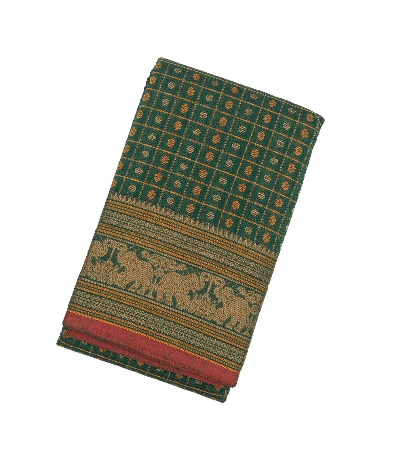 RmKV Dark Green Handloom Kanchi Cotton Saree With Checks & Chakaram Motifs.