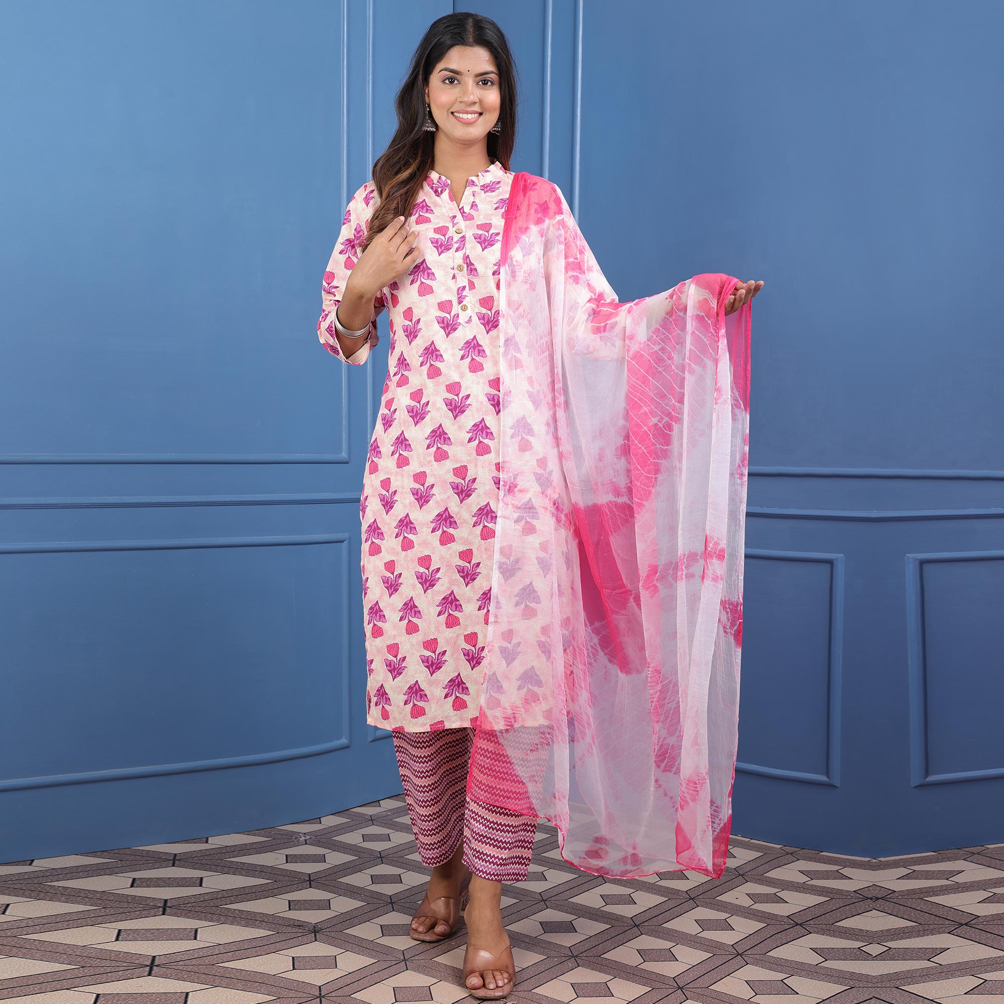 Peachmode Seller Cream Pink Floral Printed Pure Cotton Suit