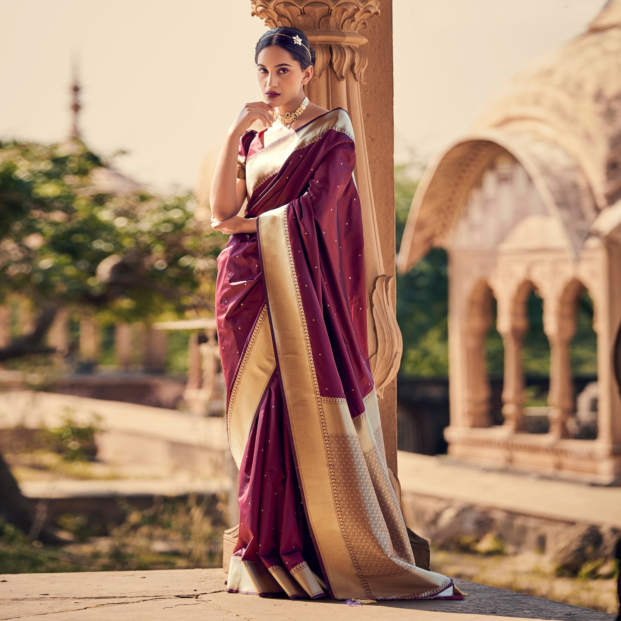 Peachmode Maroon Woven Satin Saree – Women's