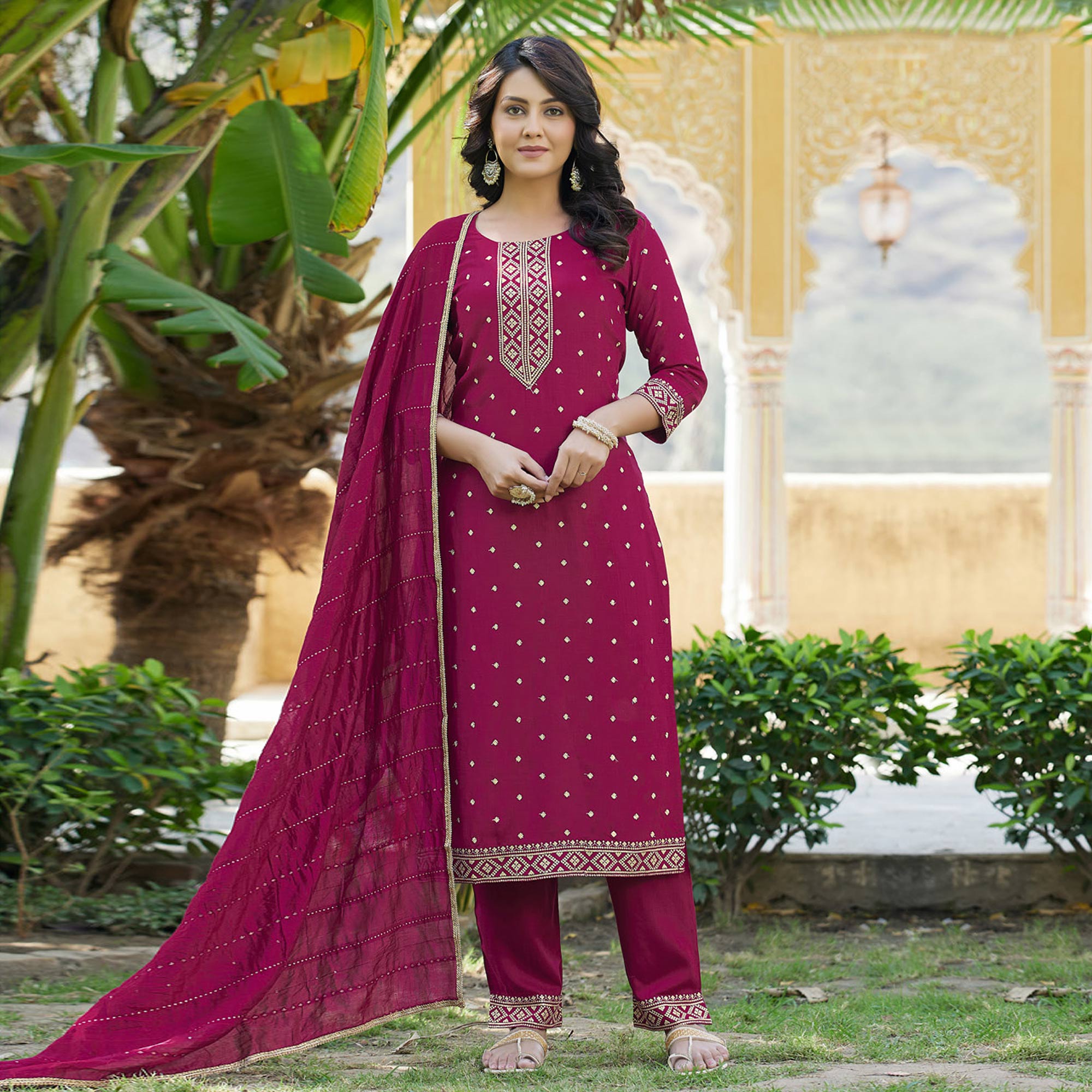 Peachmode Seller Magenta Maroon Embroidered Cotton Salwar Suit - view 2