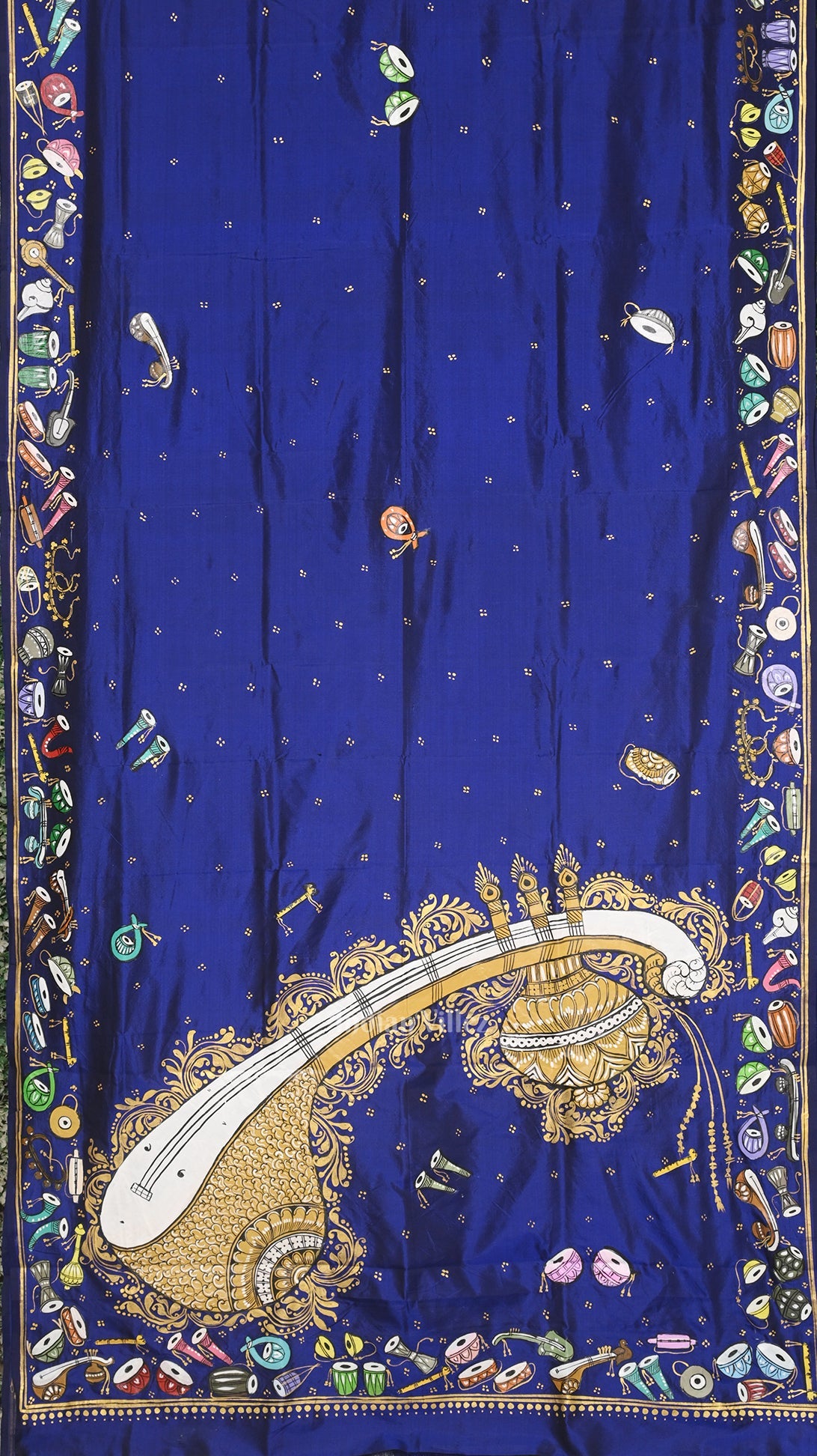 IndianVillèz Blue Sitar Instrument Hand-Painted Pattachitra Saree (Pre-Order)