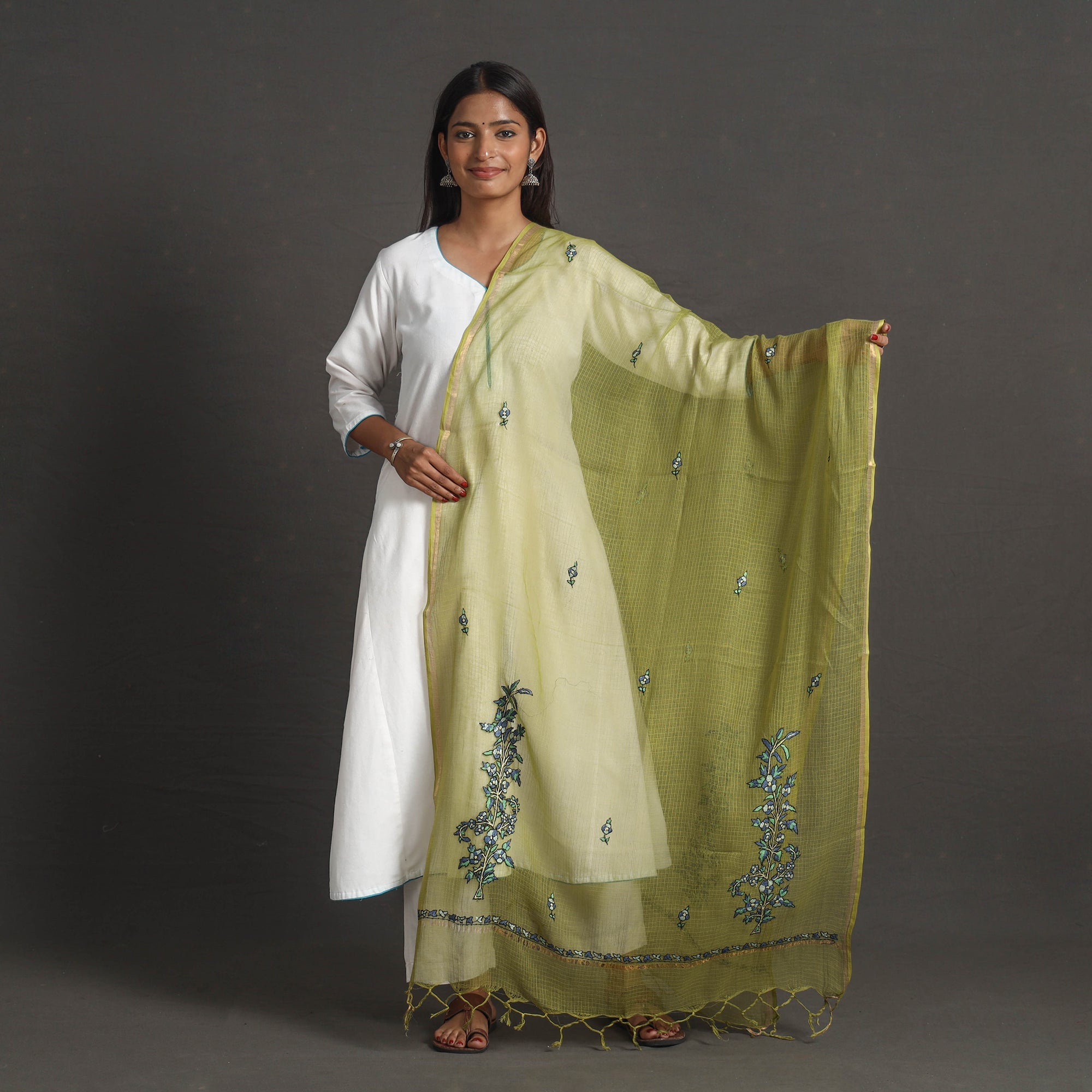 ITOKRI CRAFTS INITIATIVE Kota Doria Silk Cotton Kashida Embroidery Dupatta 34