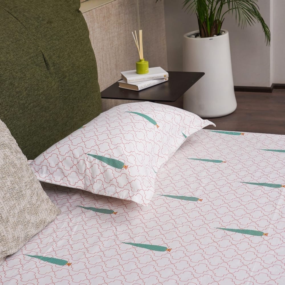 Urban Space -Home Furnishing Store Regal Collection - Breathable 200 TC 100% Pure Cotton Single Bedsheet with Pillow Cover, Pinewood- Peach Green