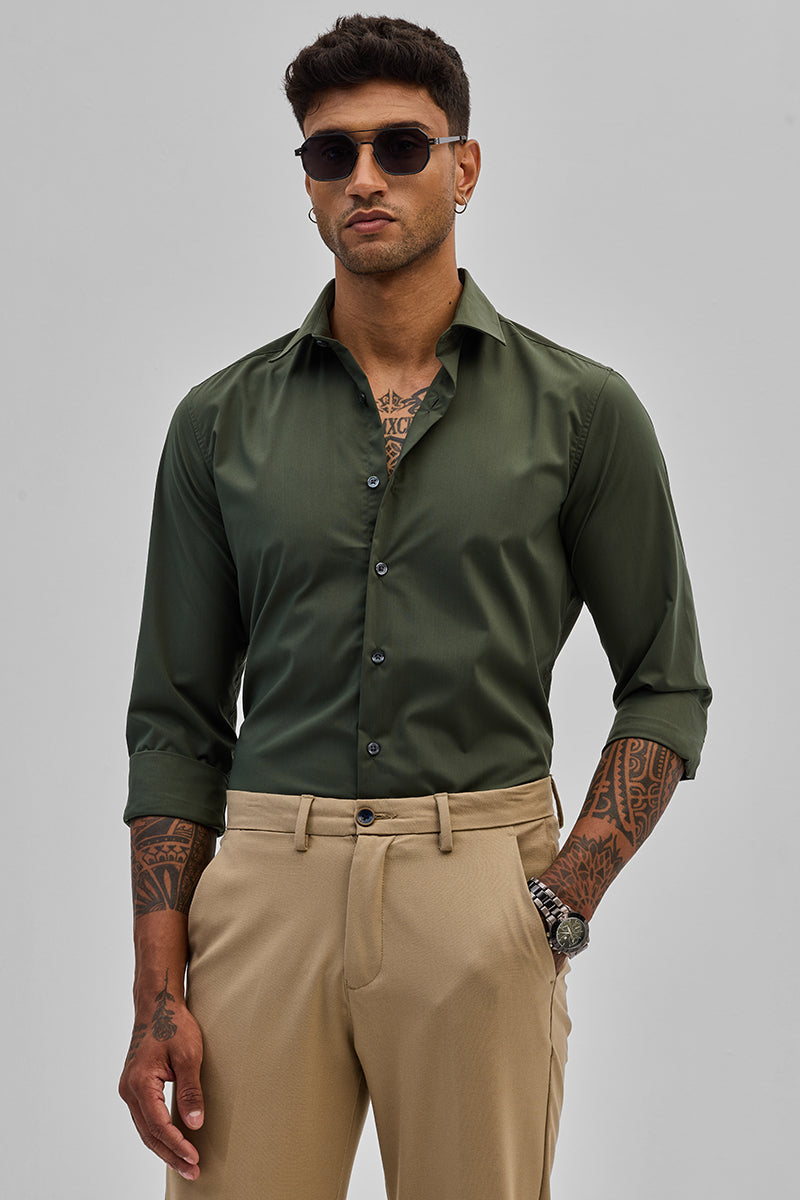 SNITCH Olive Slim Fit Stretch Shirt - view 4
