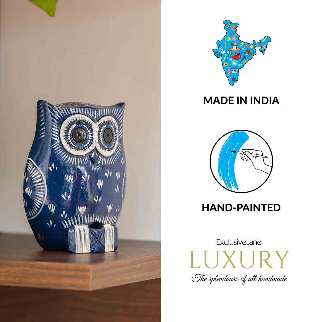 EXCLUSIVELANE 'The Enlightened Owl' Handpainted Showpiece In Eucalyptus Wood - view 5