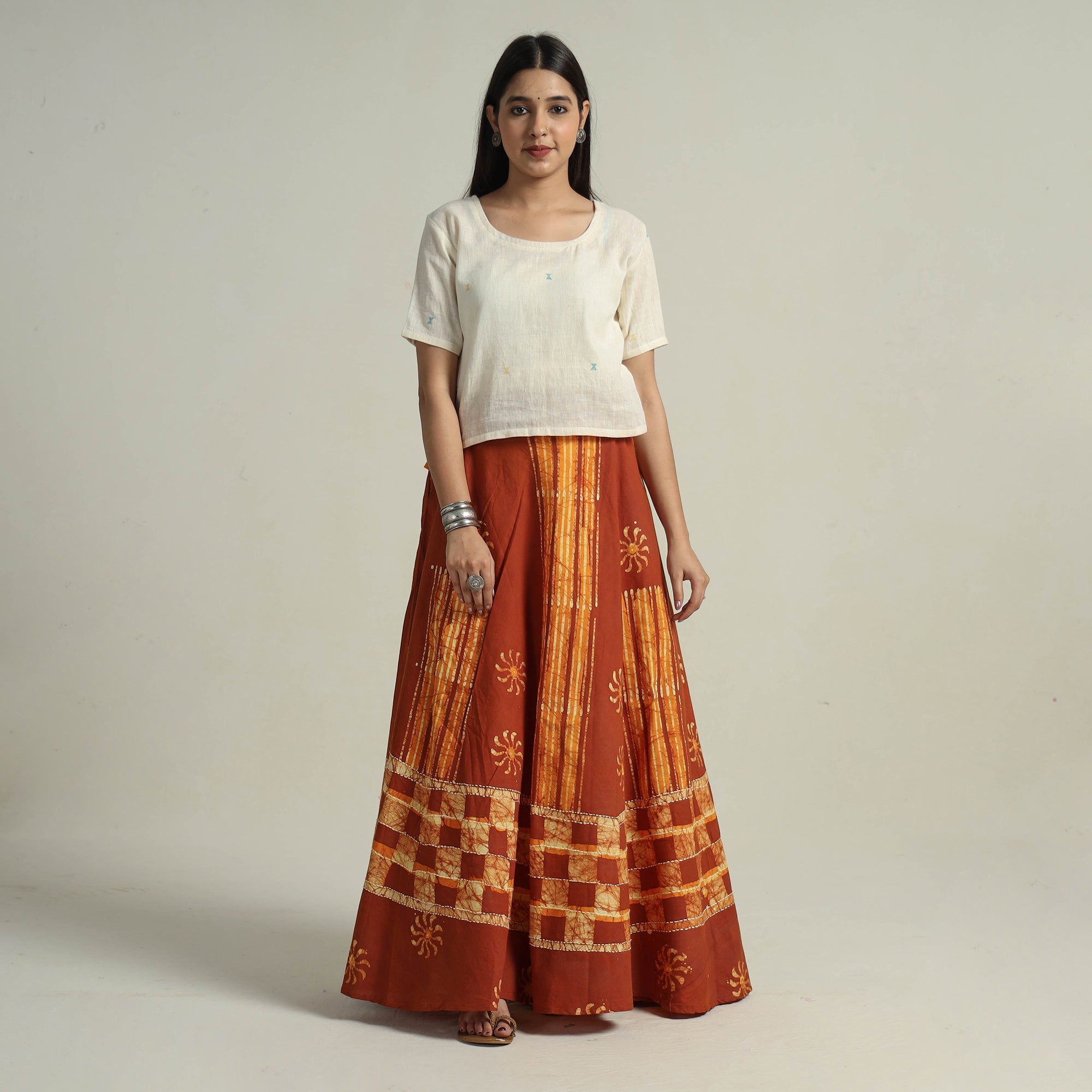 KACHCHH JI CHHAAP Brown - Hand Batik Printed Running Stitch Cotton Long Skirt 11