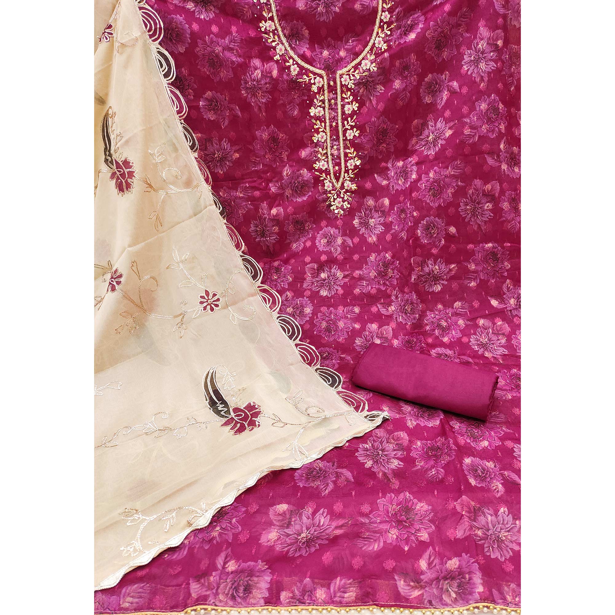 Peachmode Dark Magenta Floral Printed With Handwork Viscose Banarasi Dress Material - view 4
