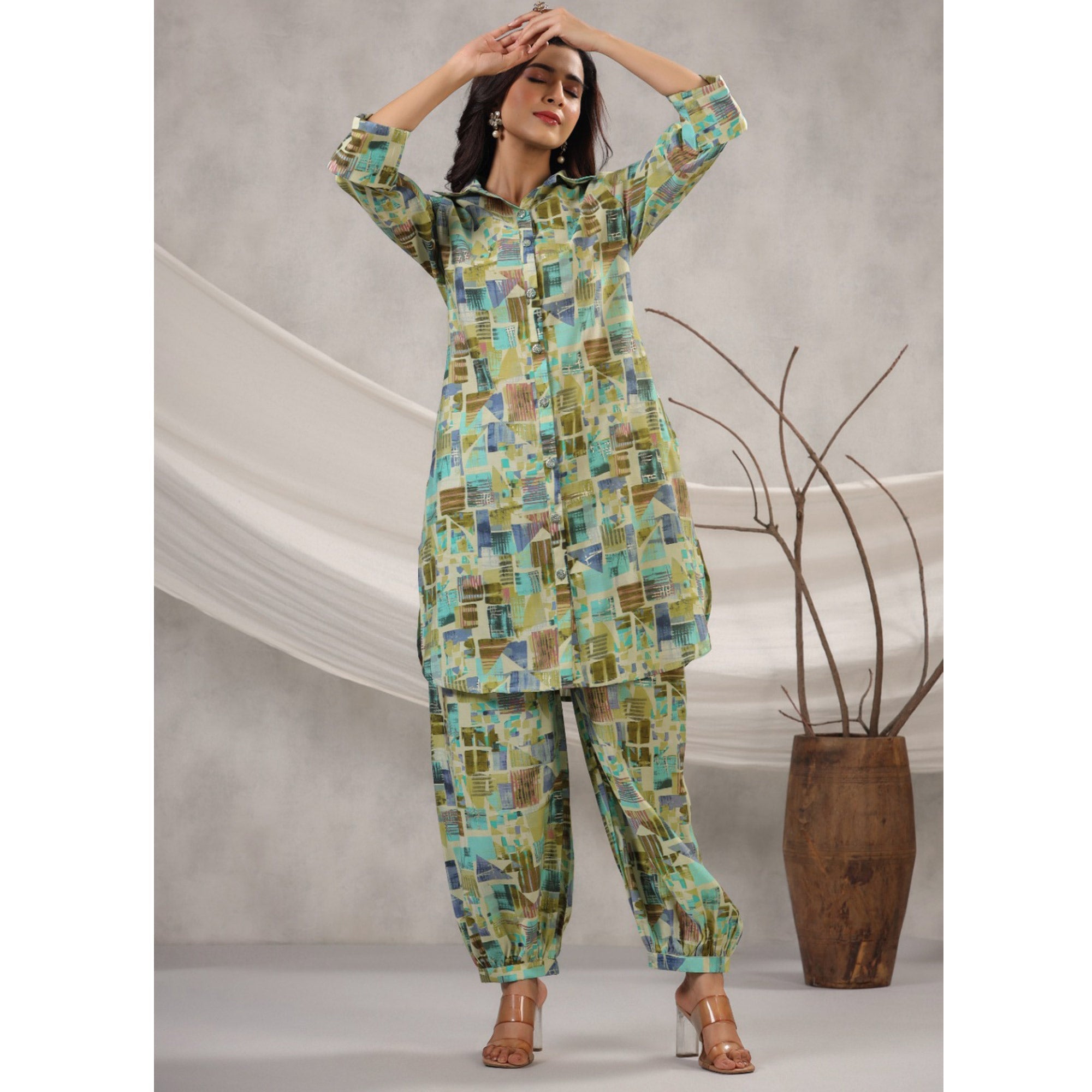 BlackTree green-geometric-printed-muslin-co-ord-set - view 5