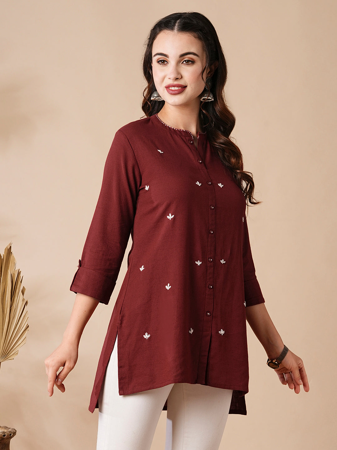 Fashor Solid Resham & Beads Embroidered High-Low Hem Kurti - Red - view 5