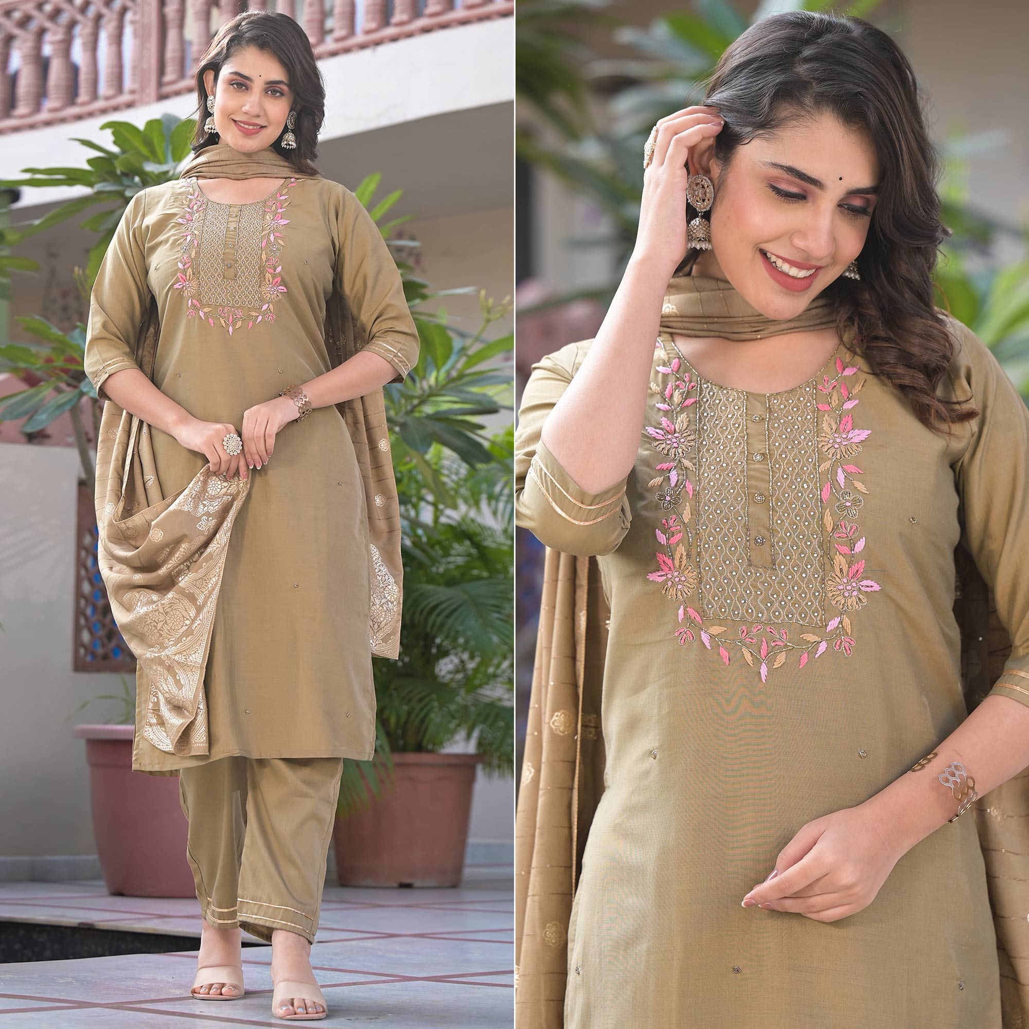 Peachmode Chikoo Embroidered Chinon Salwar Suit With Handwork