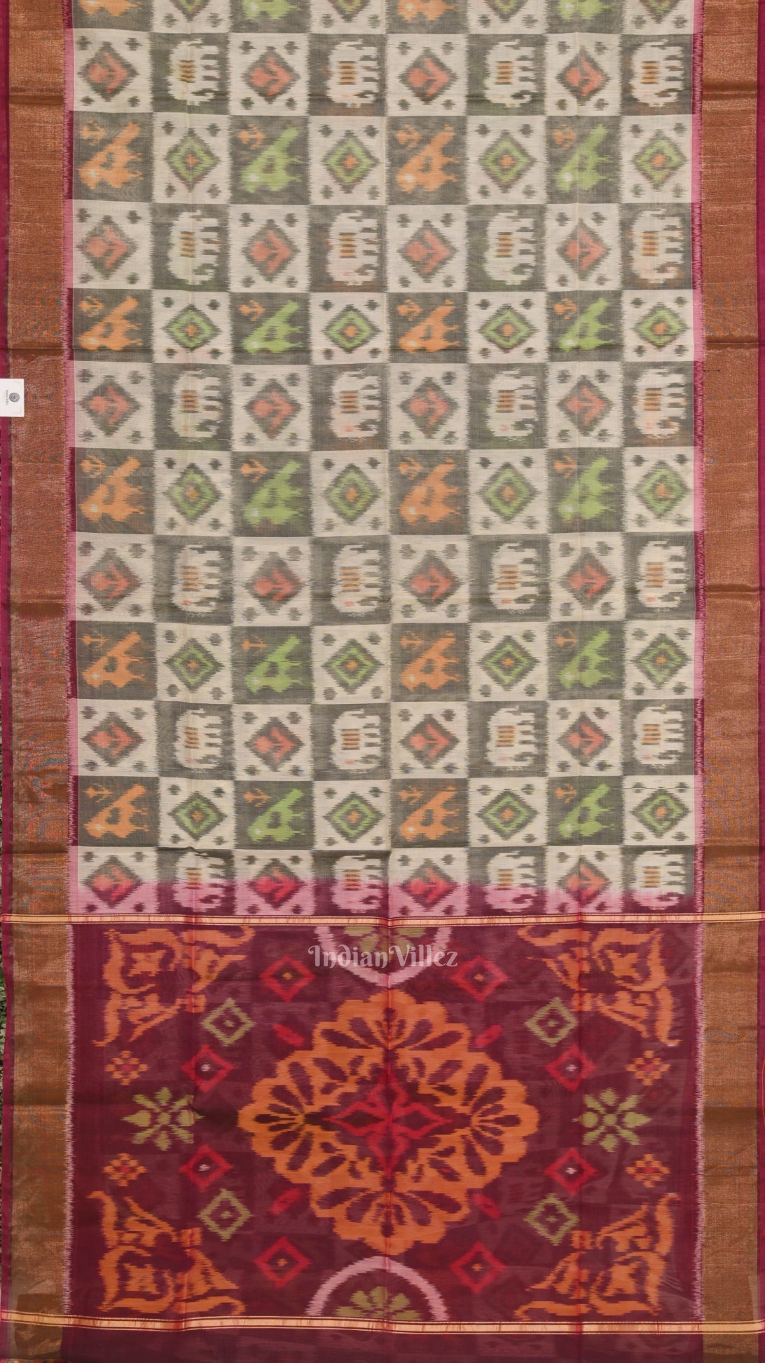 Silk cotton saree – IndianVillèz White with Multicolor Pochampally Ikat Sico (Silk & Cotton) Saree with Zari Border