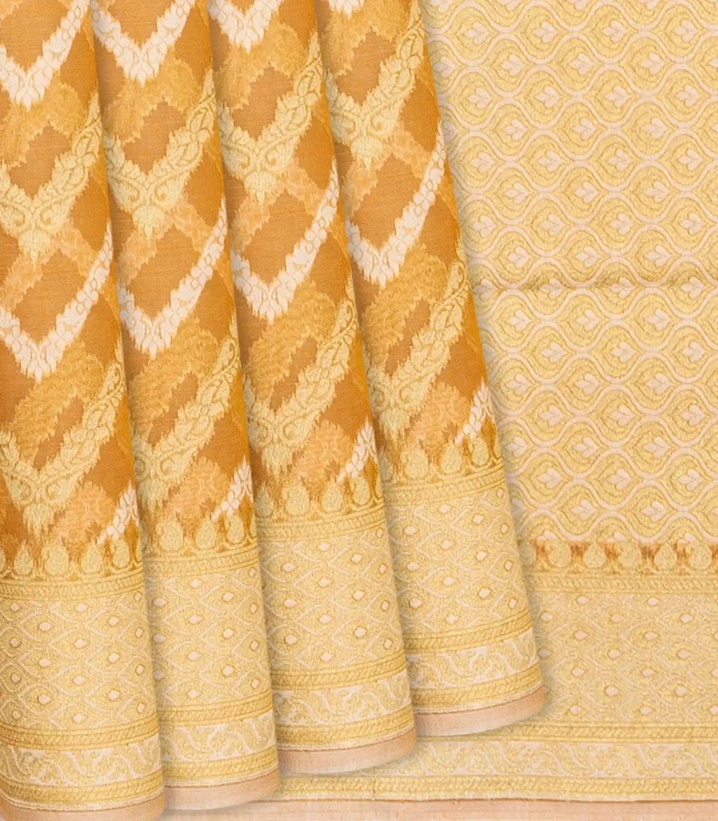 RmKV Light Peach Blended Banarasi Cotton Saree With Floral Chevron Motifs-Light Peach