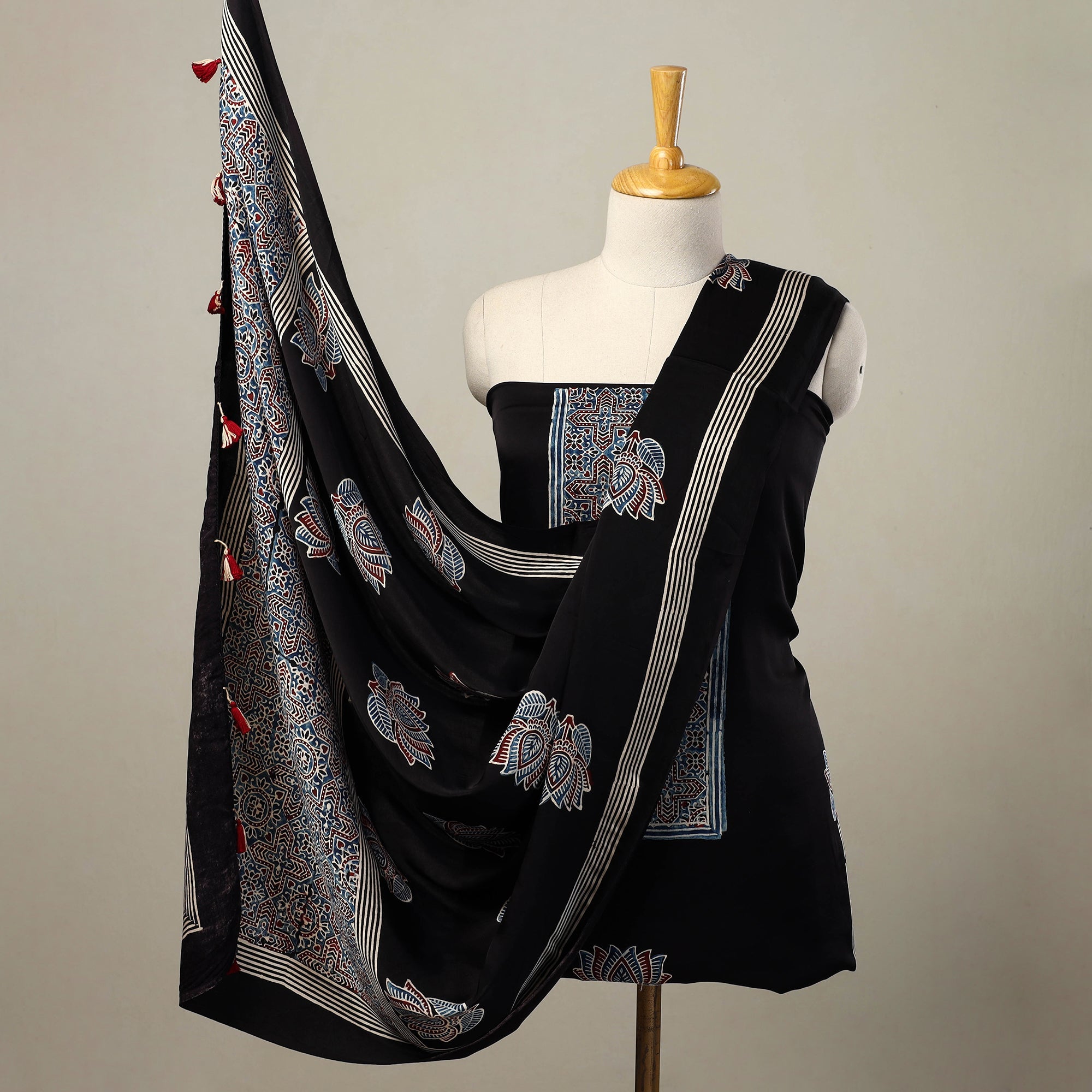 RIYAZ ABDULMAJID KHATRI - AJRAKH Black - 2pc Modal Silk Block Print Ajrakh Dress Material 03