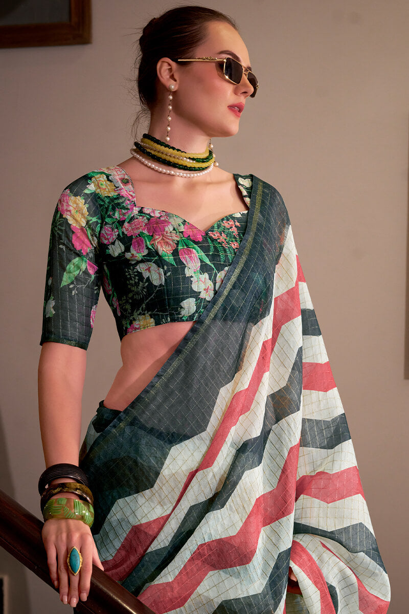 Rajpath Eclat Red and Black Digital Printed Cotton Silk Saree With Twirling Blouse Piece - view 2