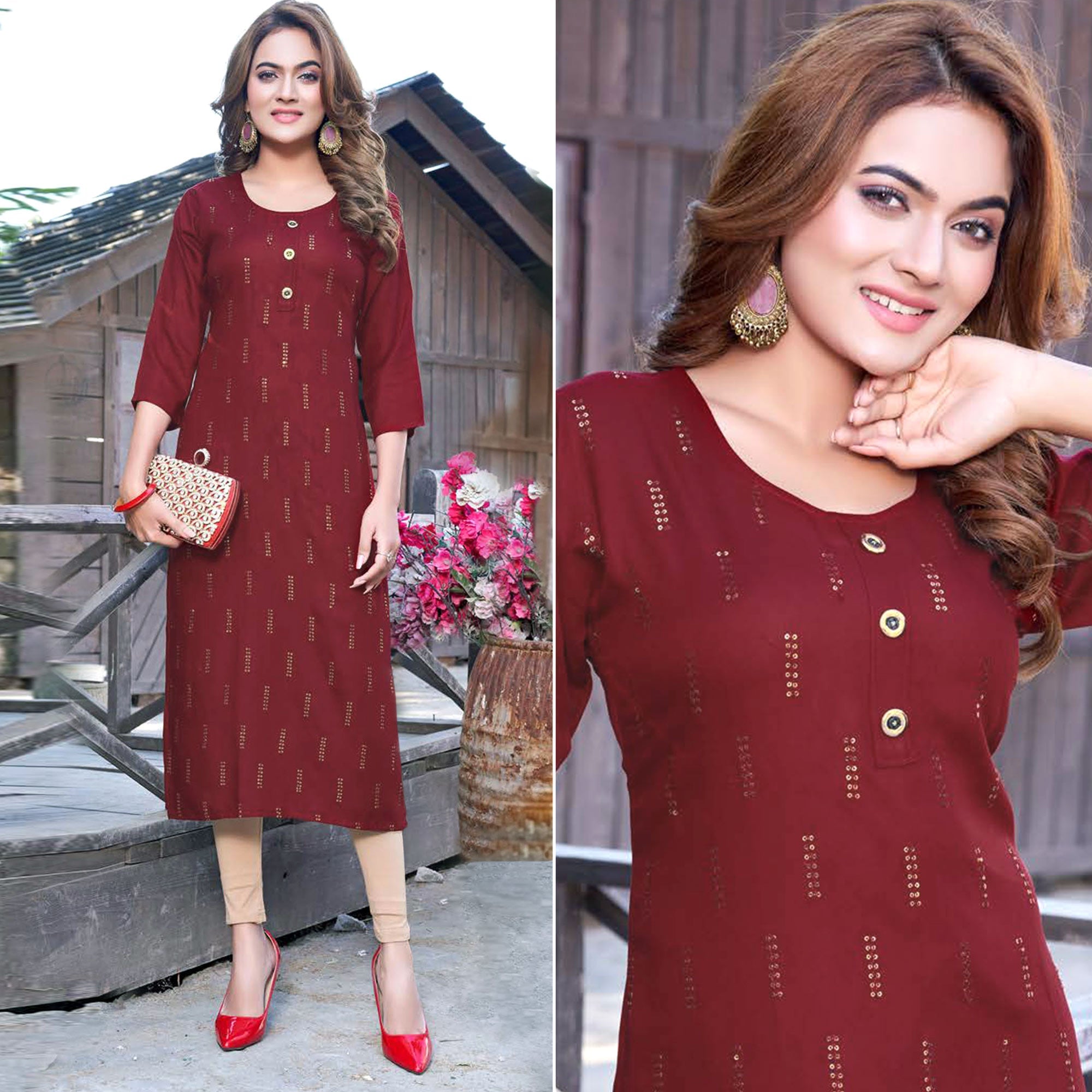 Peachmode Seller Maroon Sequins Embroidered Rayon Kurti