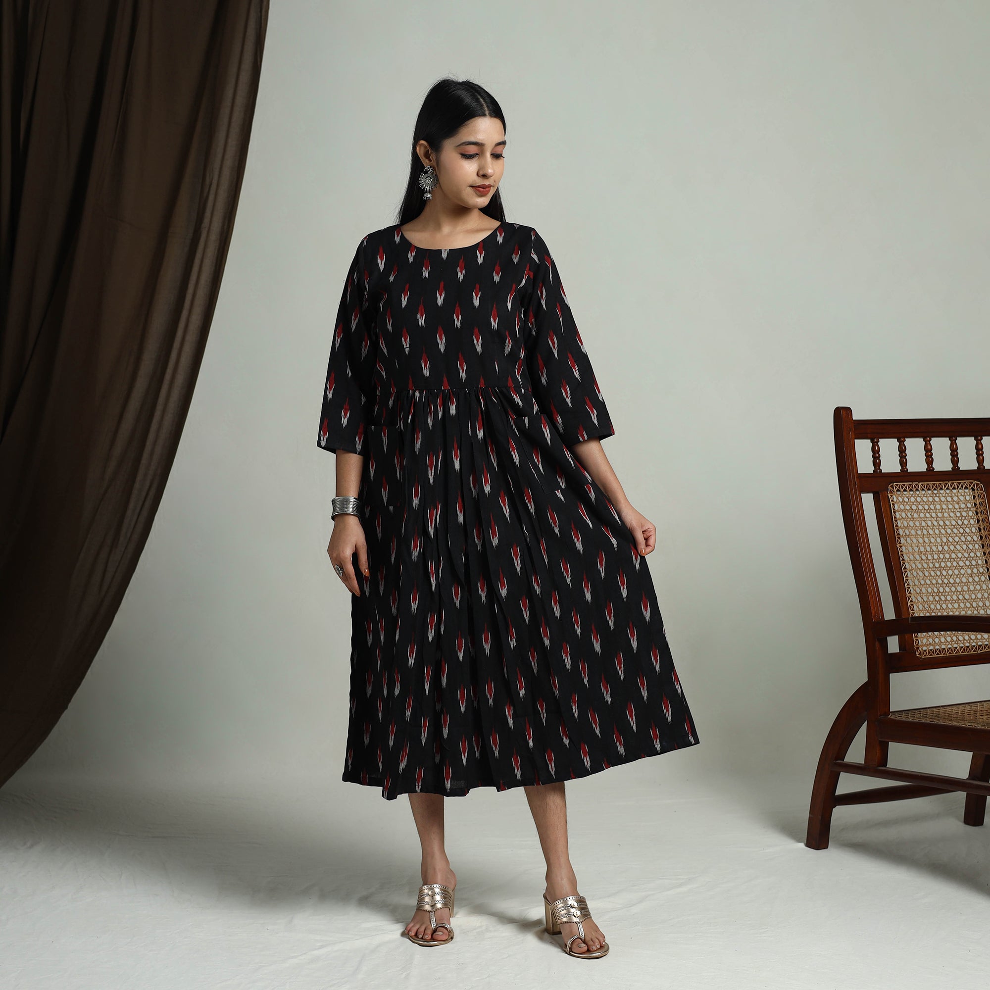 ITOKRI CASUALS Black - Flared Cotton Pochampally Ikat Dress 03 - view 2
