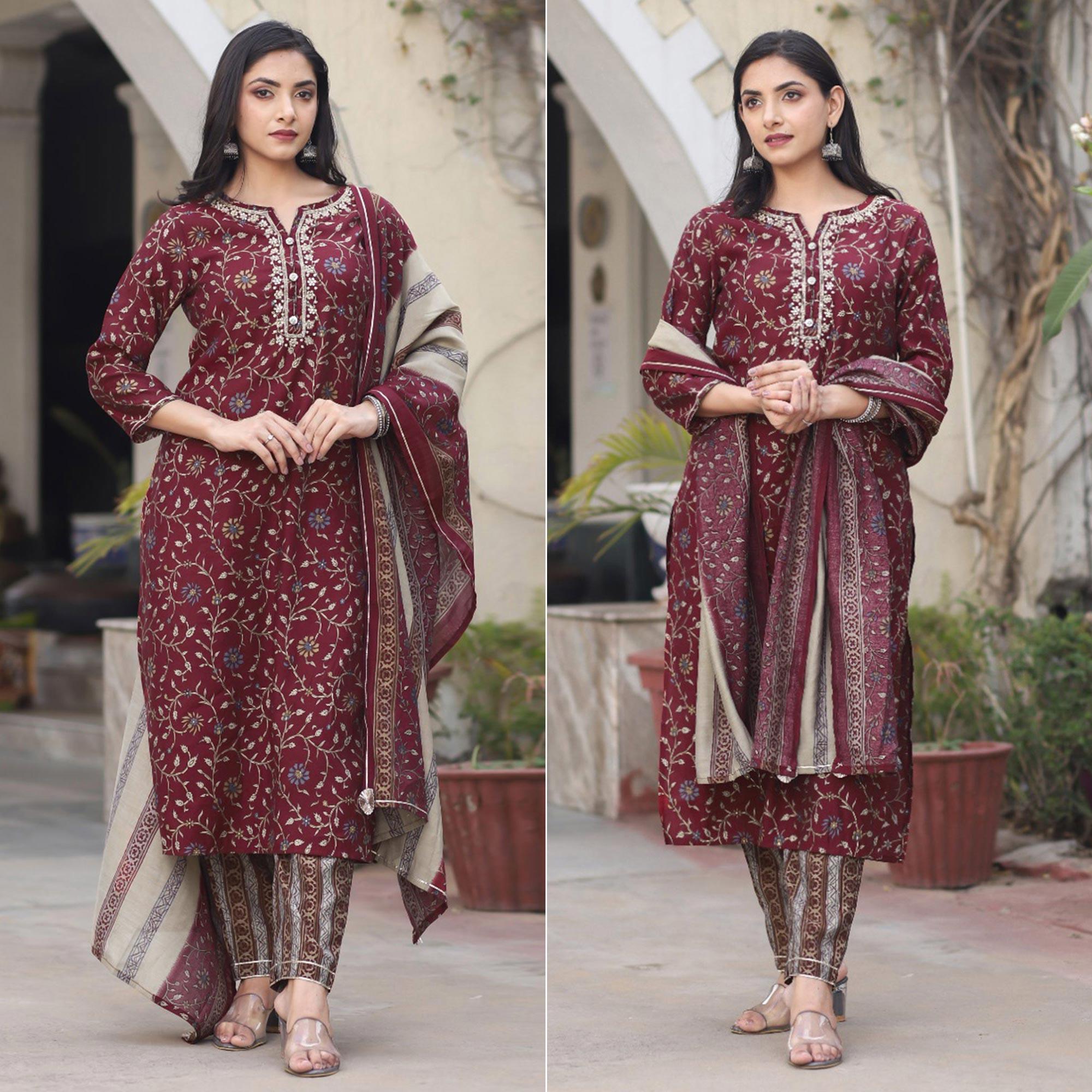 Peachmode Maroon Printed Cotton Silk Kurti Pant Set With Dupatta