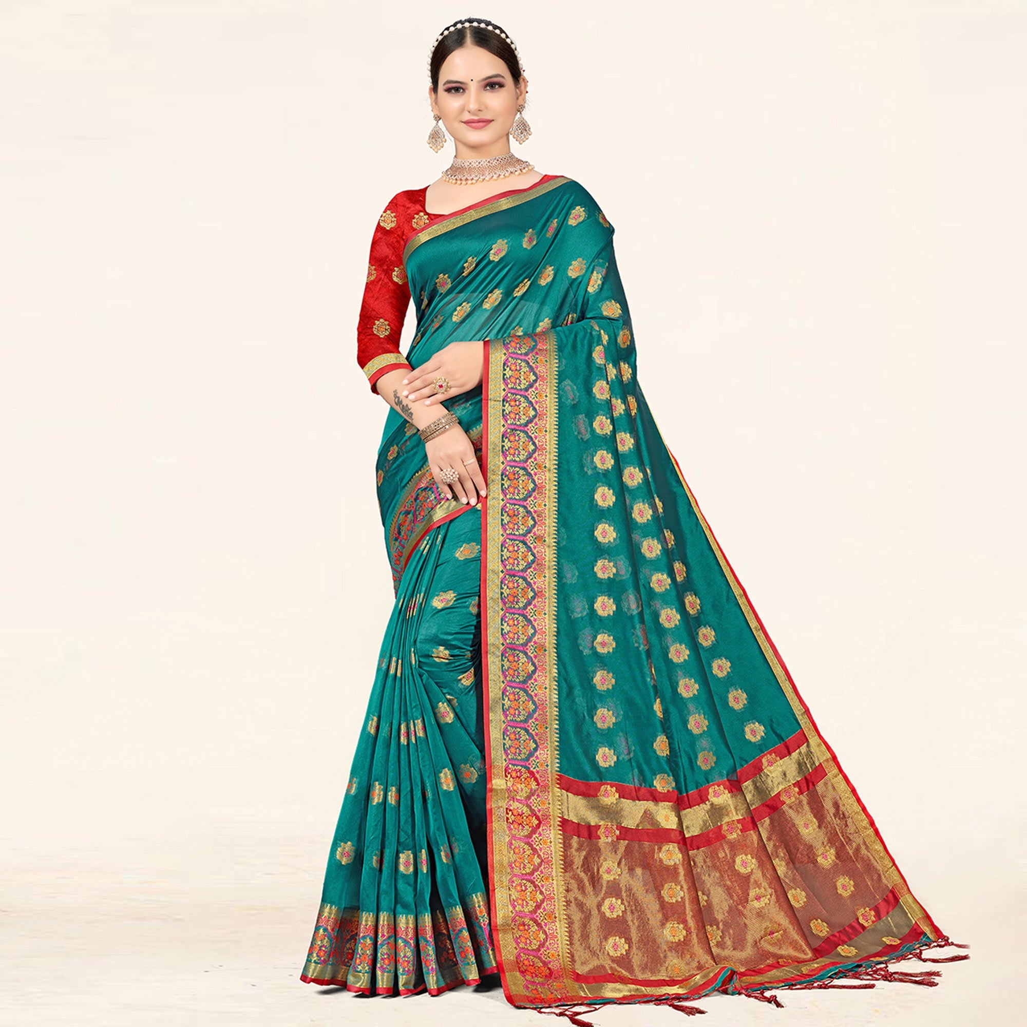 Peachmode Dark Cyan Woven Organza Saree With Tassels