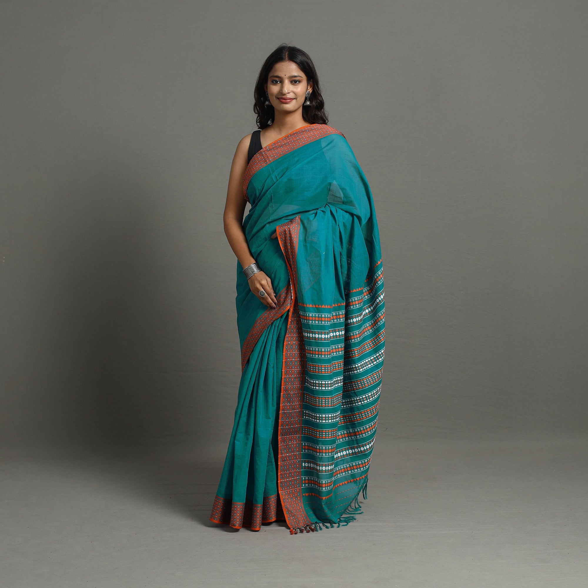 SASHA Blue - Bengal Handwoven Cotton Begampuri Saree 14