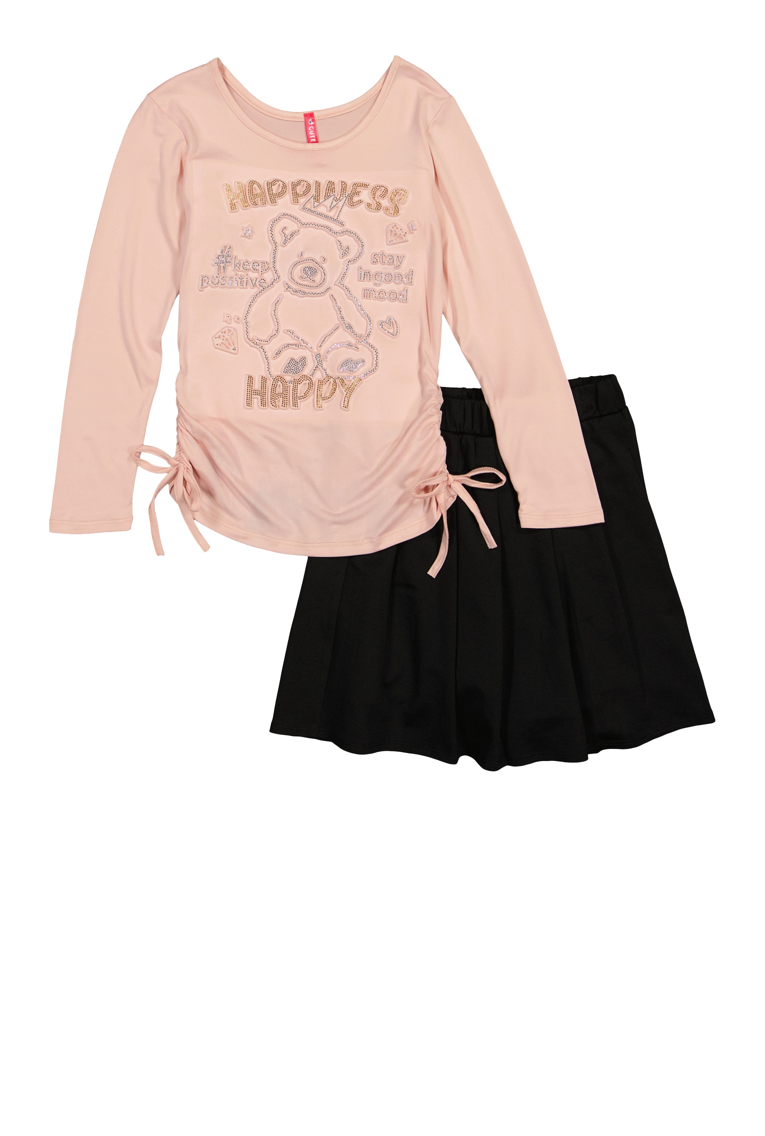 Rainbow Shops Girls Happiness Bear Rhinestone Graphic Top and Pleated Skirt