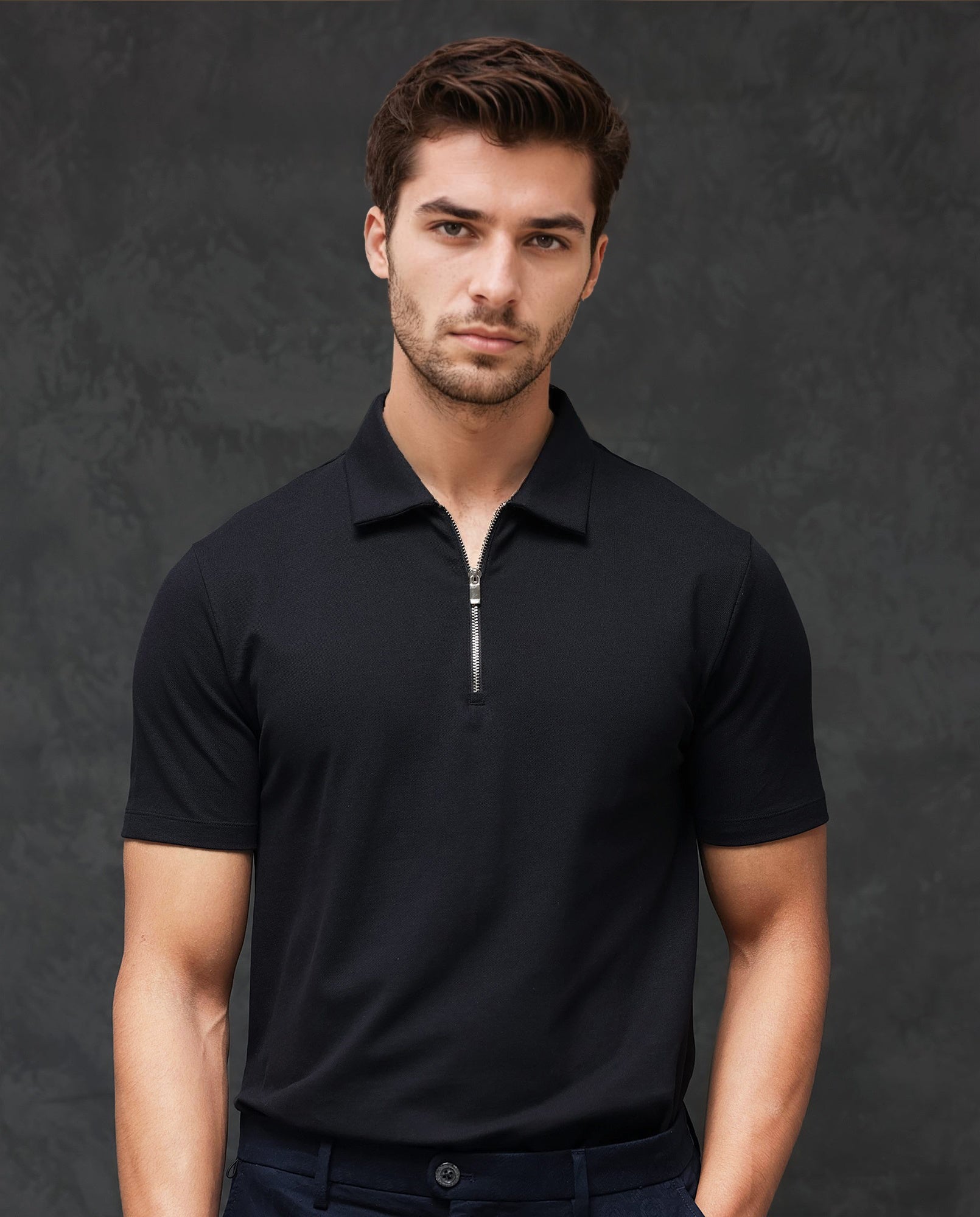 Rare Rabbit Men's Prin-2 Black Cotton Lycra Fabric Short Sleeve Collared Neck Zipper Closure Plain Polo