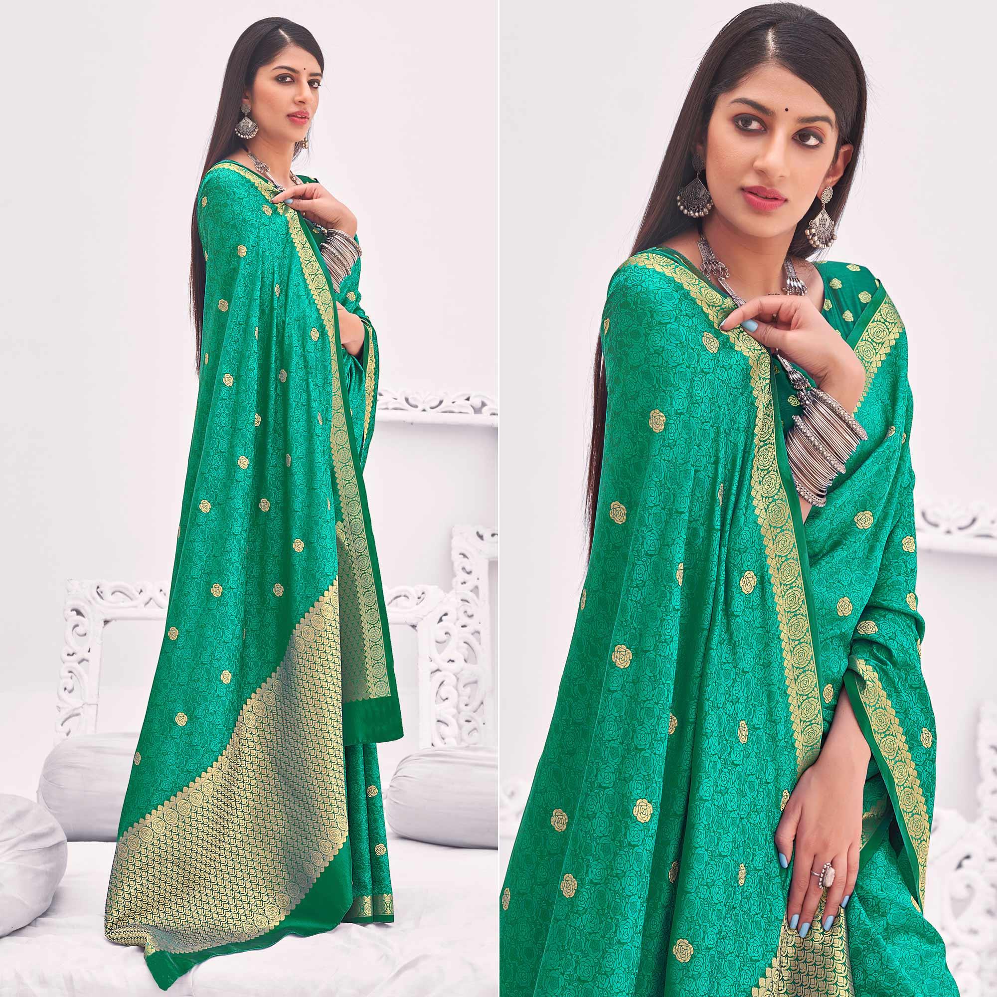 Green sarees – BlackTree green-festive-wear-woven-satin-saree-140236