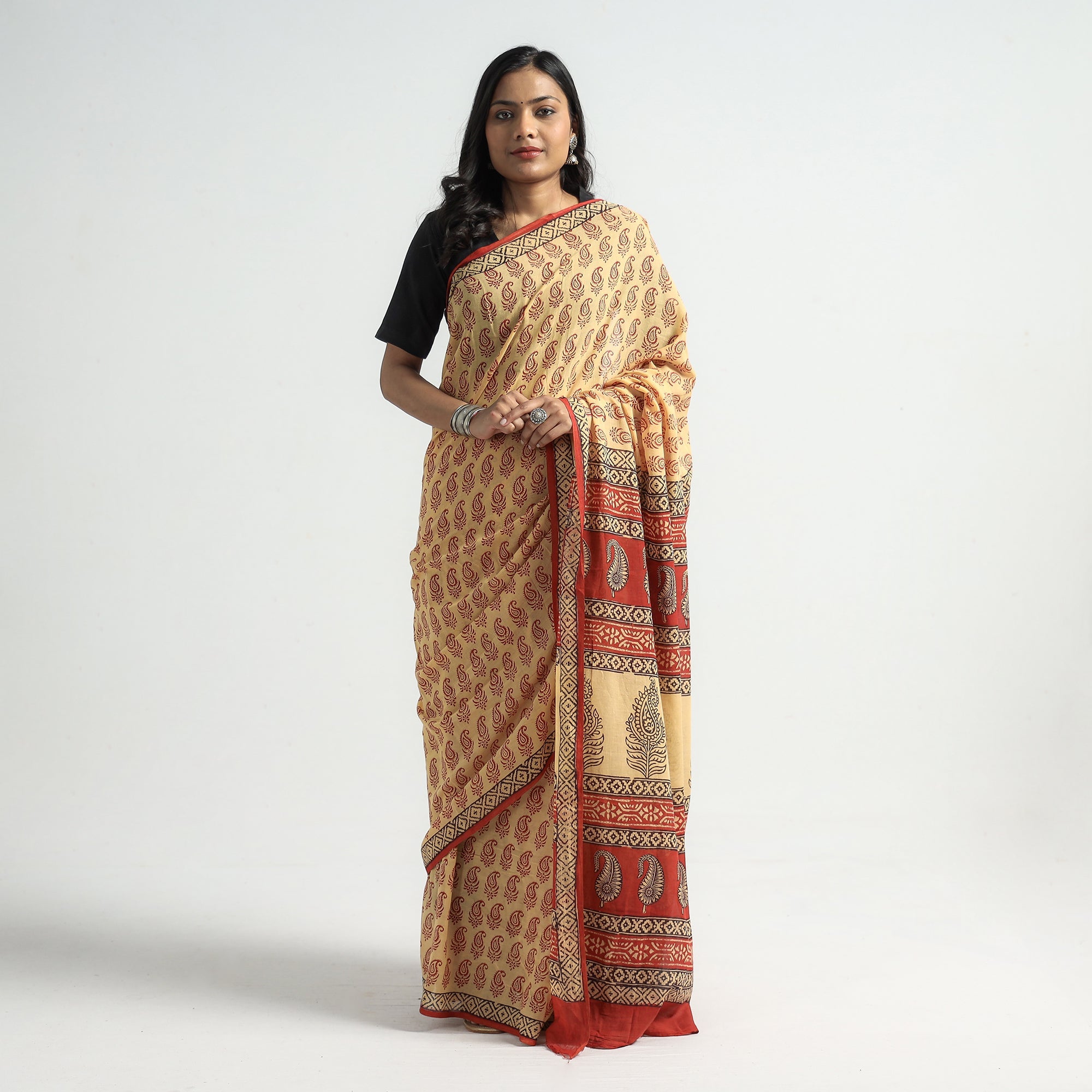 BAGH PRINTS BY YAKOOB KHATRI Beige - Bagh Hand Block Printed Cotton Saree