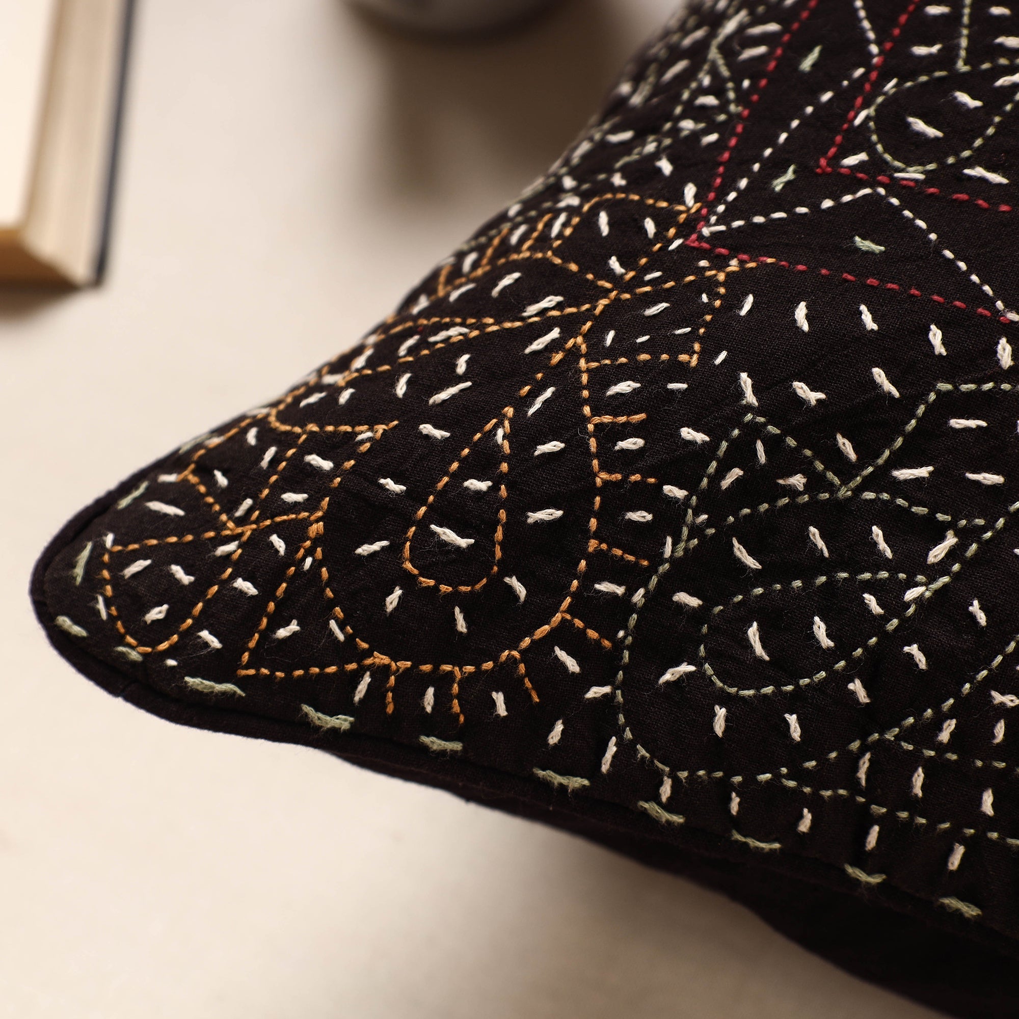 Black - Kala Raksha Rabari Bakhiya Hand Embroidered Pure Cotton Cushion Cover (16 x 16 in) - view 2