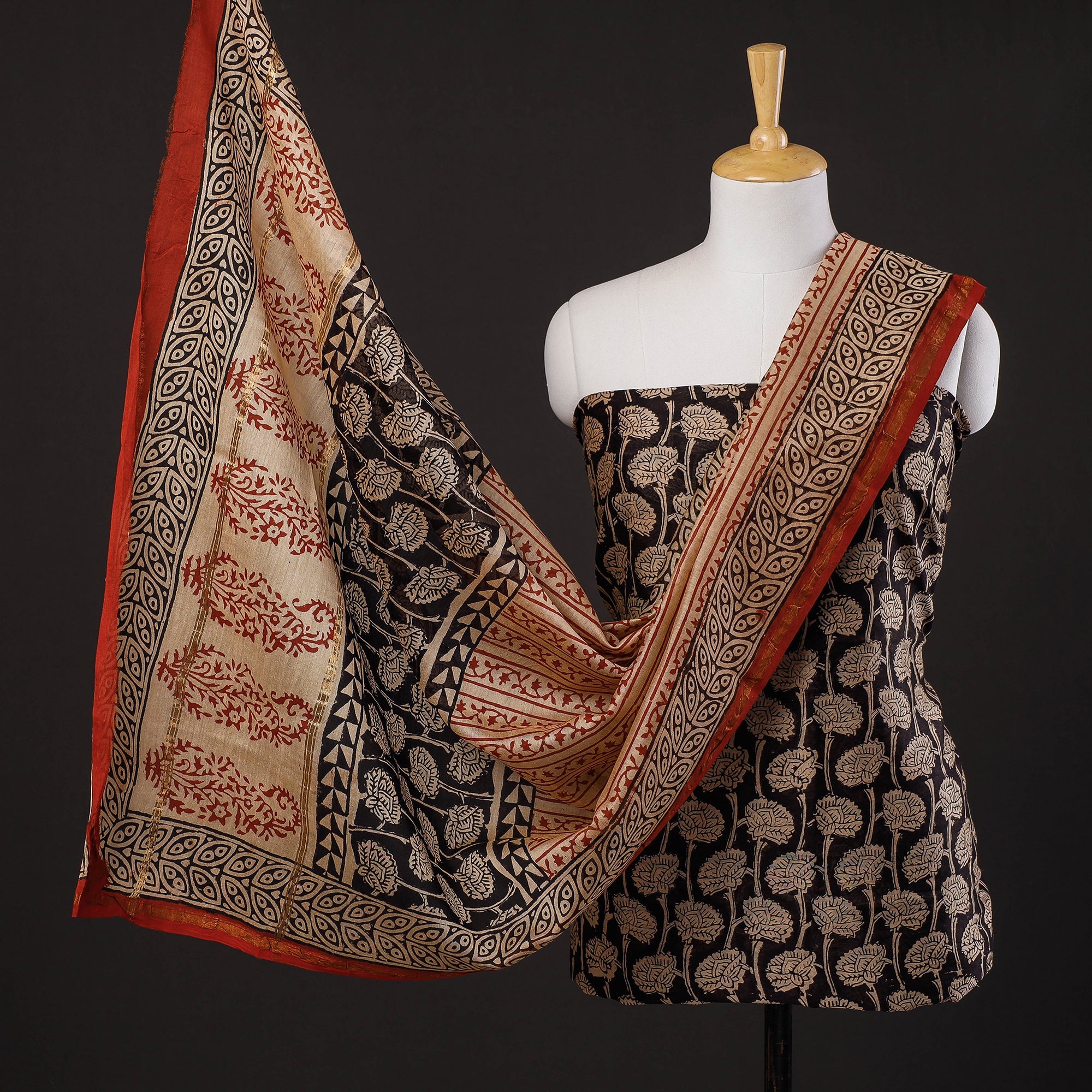 ARTISAN HAND BLOCK PRINTS Black - 3pc Bagru Block Printed Chanderi Silk Suit Material Set