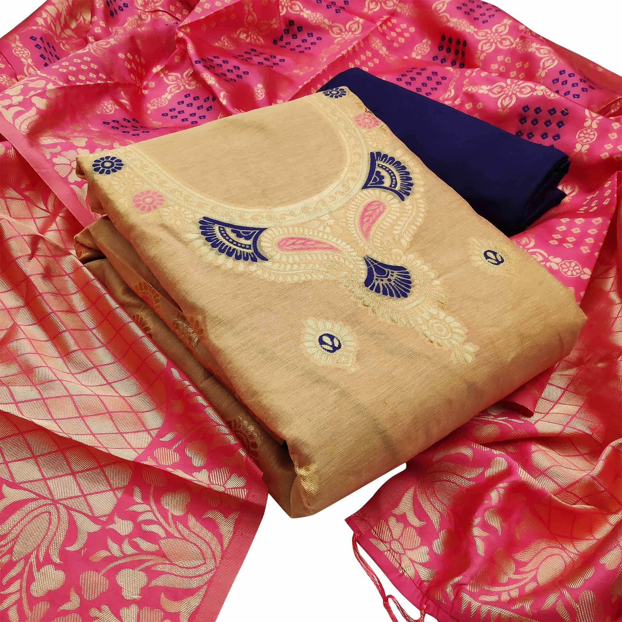 Peachmode Classy Beige Colored Festive Wear Woven Banarasi Silk Dress Material