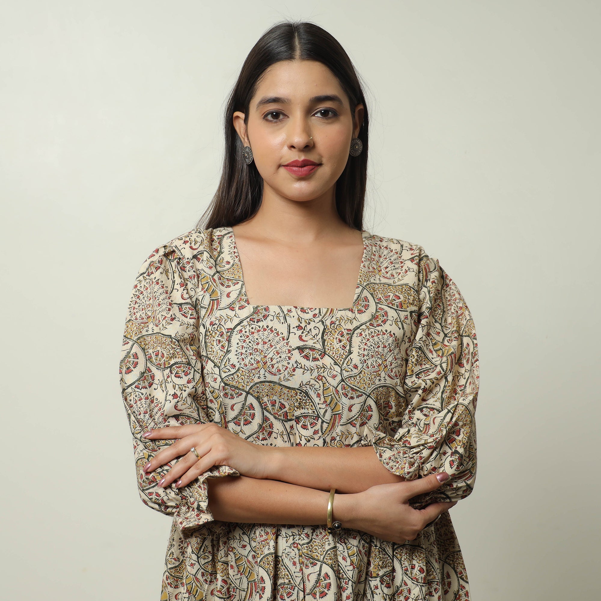 ITOKRI CASUALS Beige - Pedana Kalamkari Block Printed Cotton Tiered Dress 06