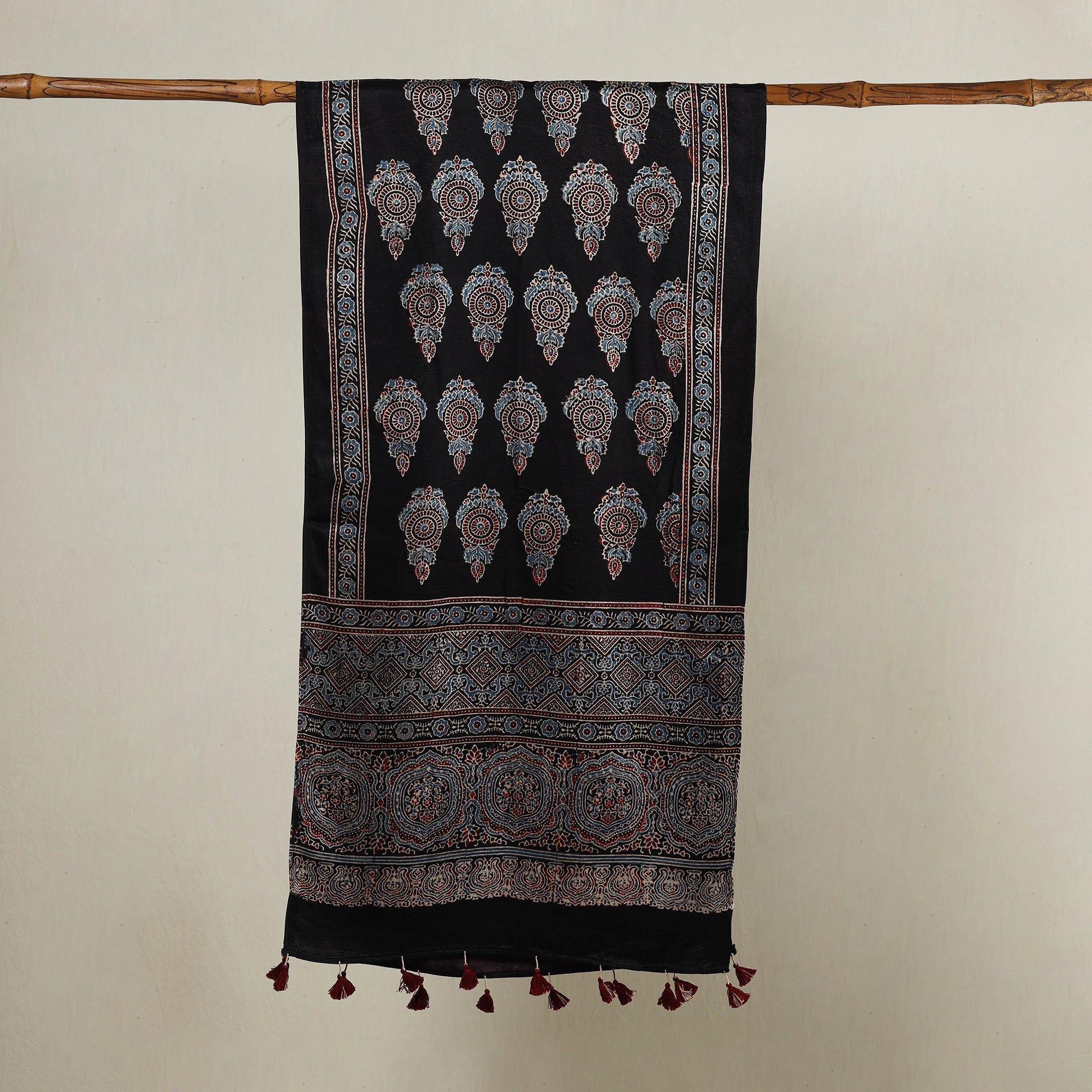 RIYAZ ABDULMAJID KHATRI - AJRAKH Black - Ajrakh Hand Block Printed Mashru Silk Stole with Tassels - view 2