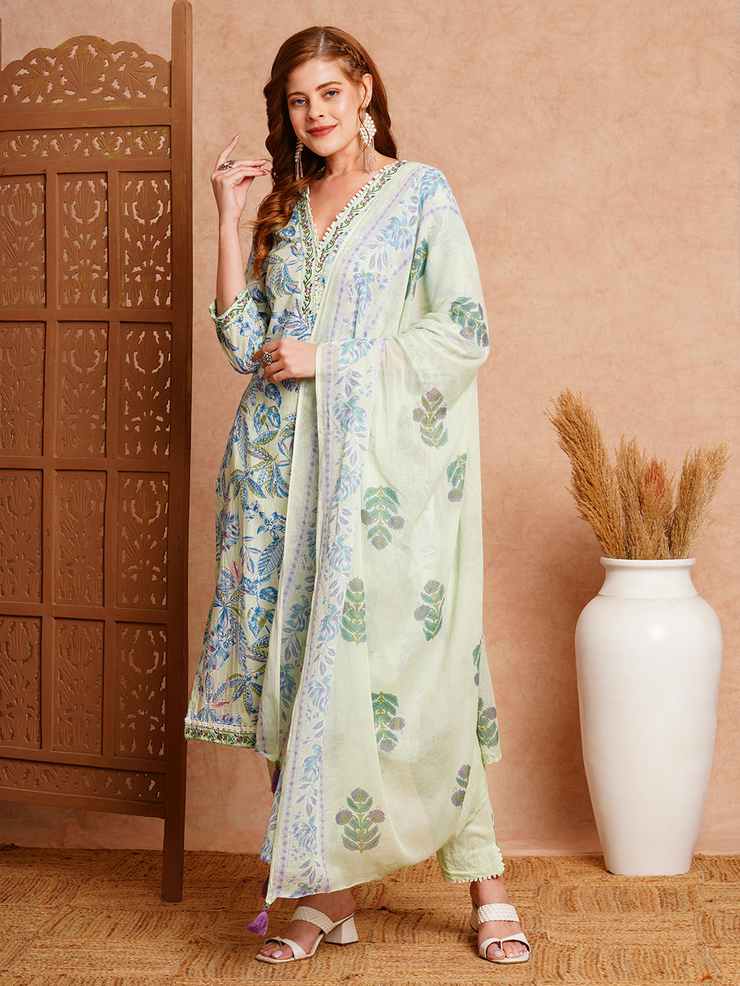 FASHOR Floral Printed & Embroidered Straight Fit Kurta with Pant & Dupatta - Mint Green