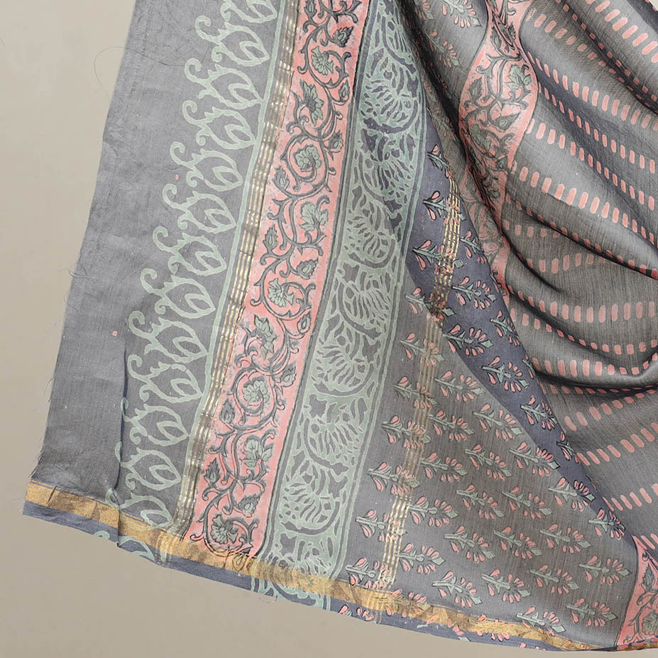 ARTISAN HAND BLOCK PRINTS Blue - 3pc Sanganeri Block Print Chanderi Silk Dress Material 21 - view 4